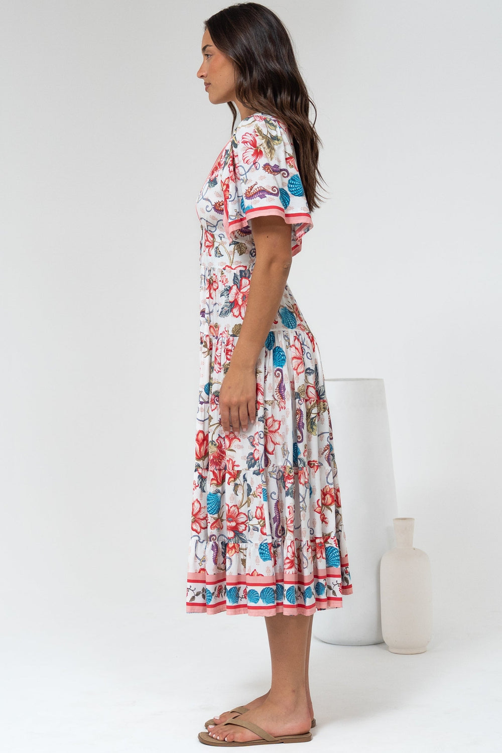 Melba Midi Dress - V-Neck Buttoned Down Dress with Flutter Sleeves in Safia Print