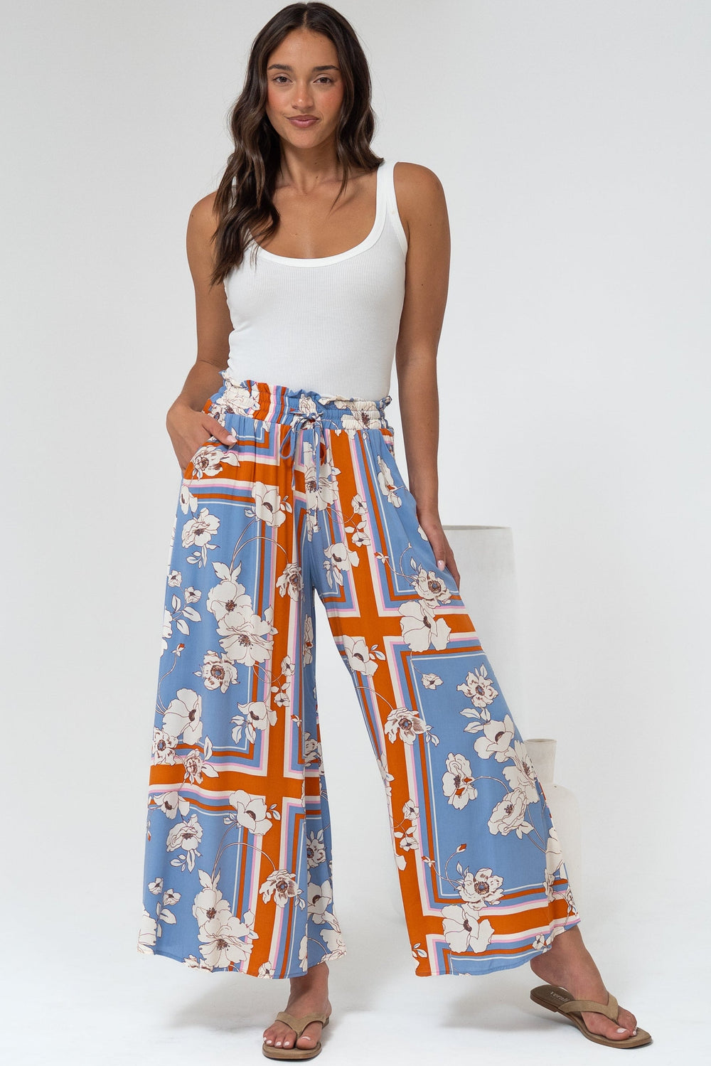 Mezza Pants - Paper Bag High Waisted Wide Leg Pants in Trinity Print