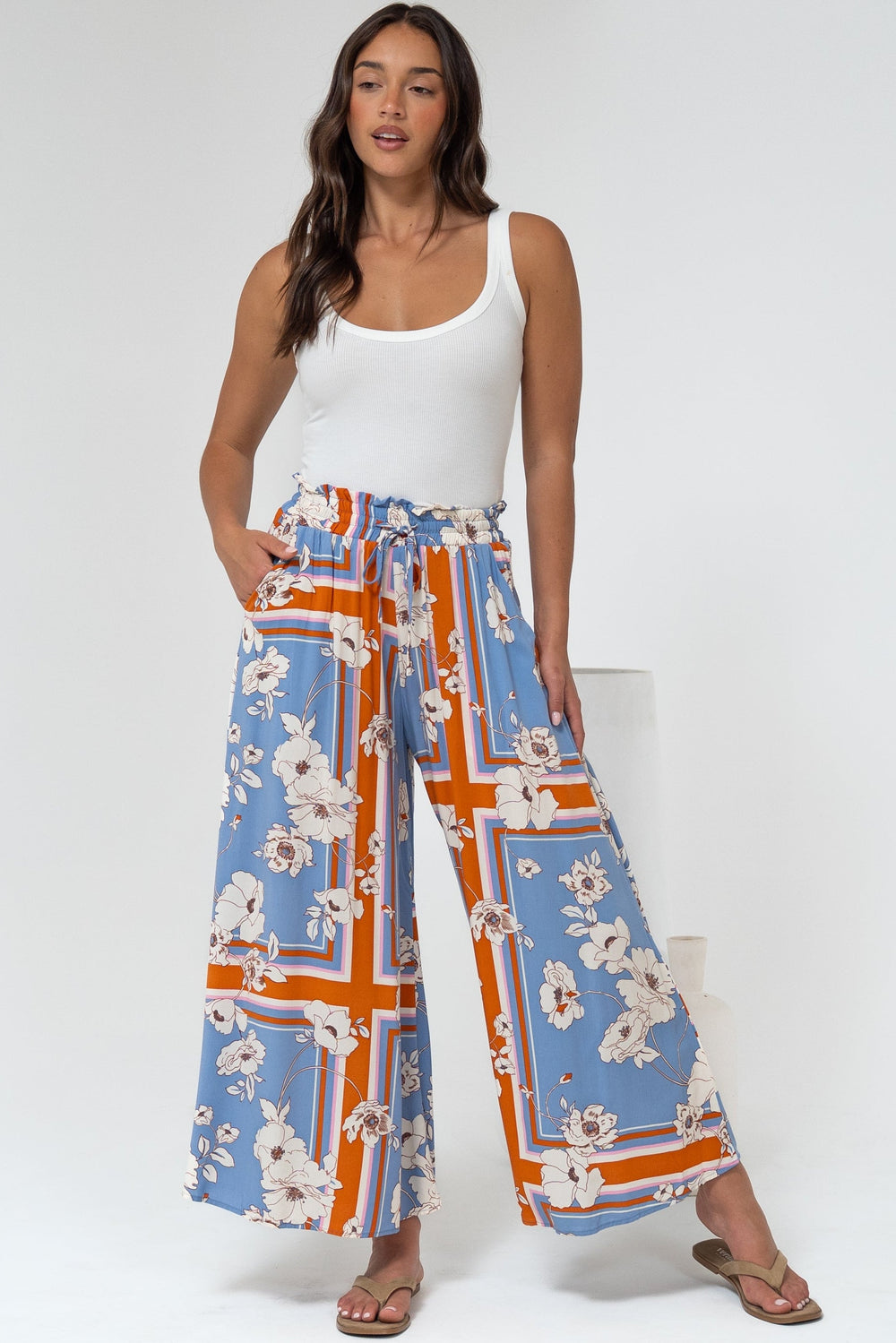 Mezza Pants - Paper Bag High Waisted Wide Leg Pants in Trinity Print