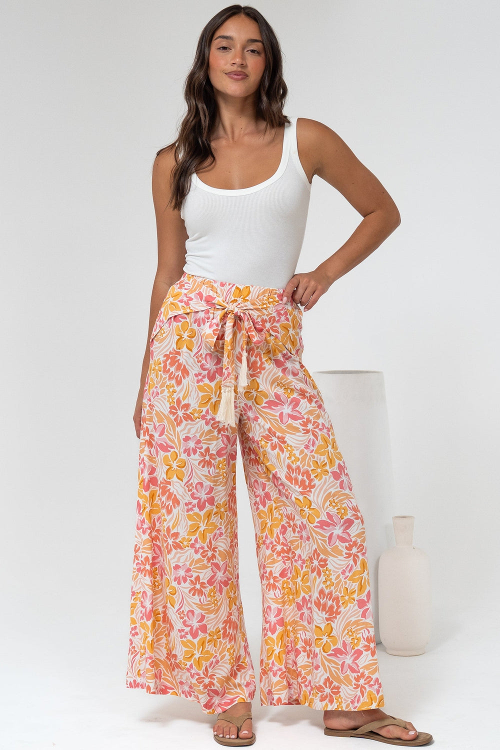 Finlee Pants - Attached Wrap Belt with Tassels Wide Leg Pants in Celine Print