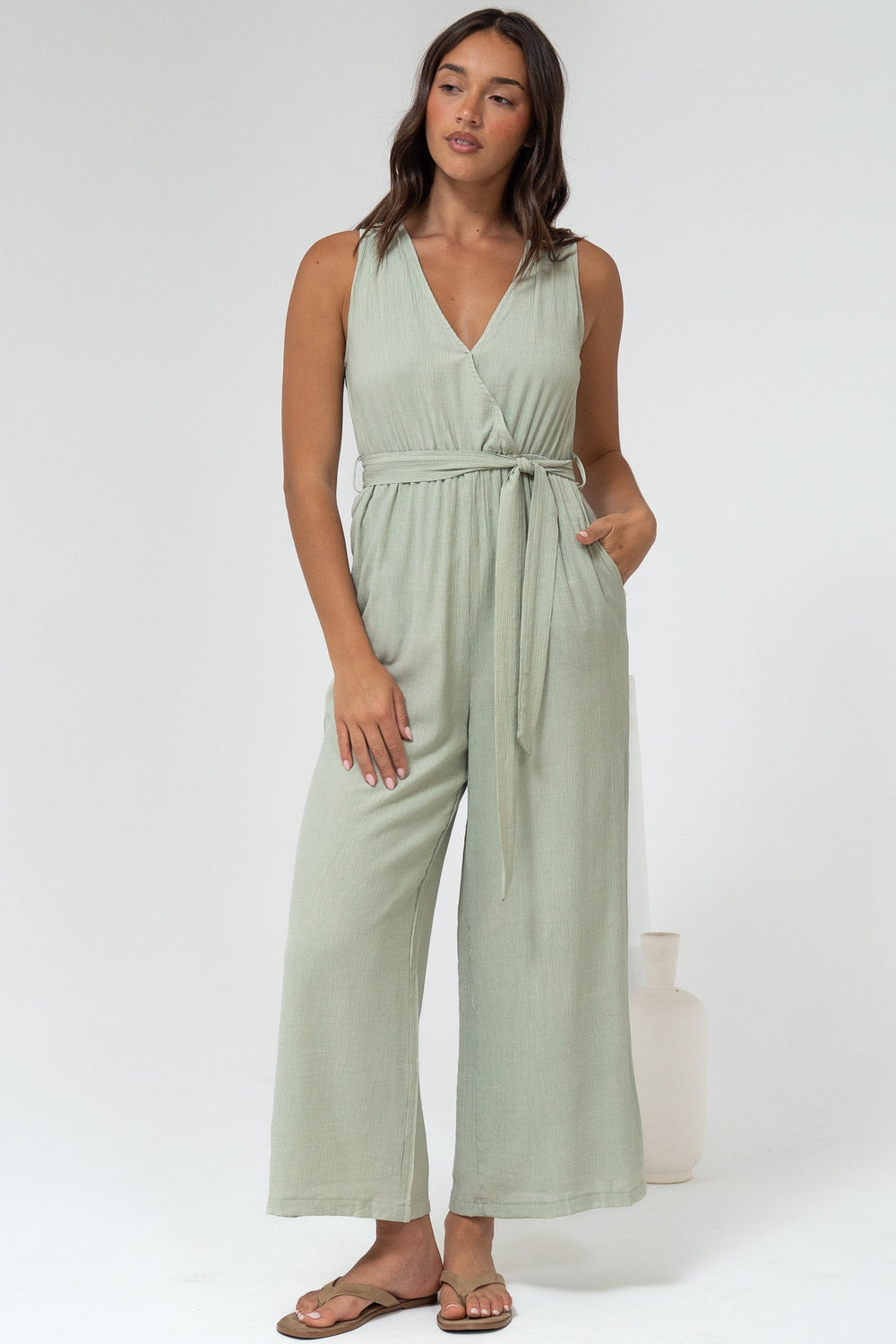 Trudie Jumpsuit - V Neck Wrap Bodice Long Straight Leg Jumpsuit in Green