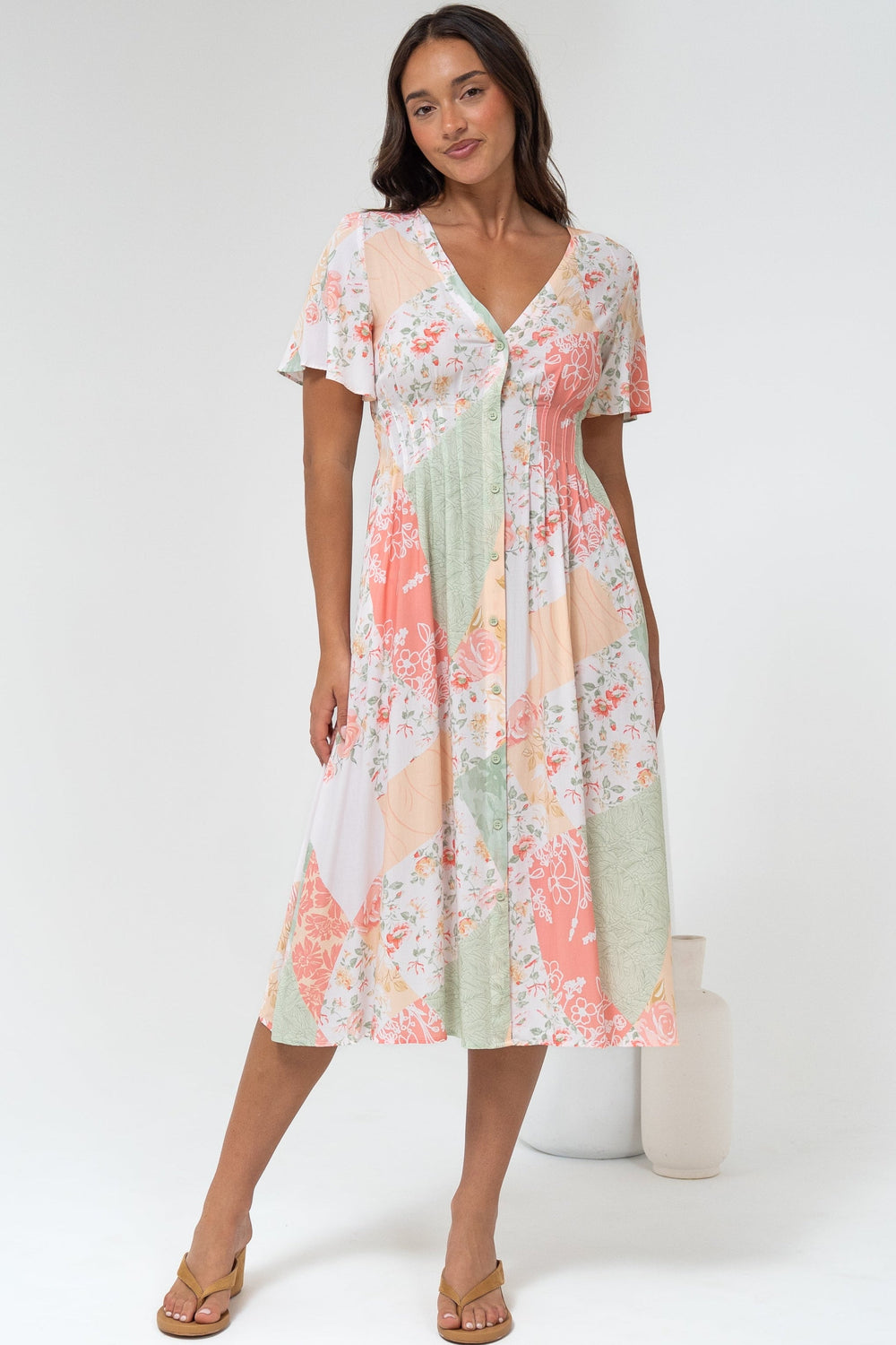 Wesley Midi Dress - V-Neck A-Line Dress with Flutter Sleeves in Loyola Print