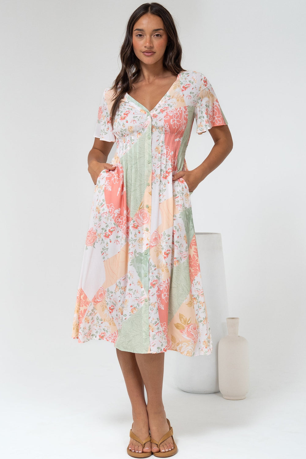 Wesley Midi Dress - V-Neck A-Line Dress with Flutter Sleeves in Loyola Print