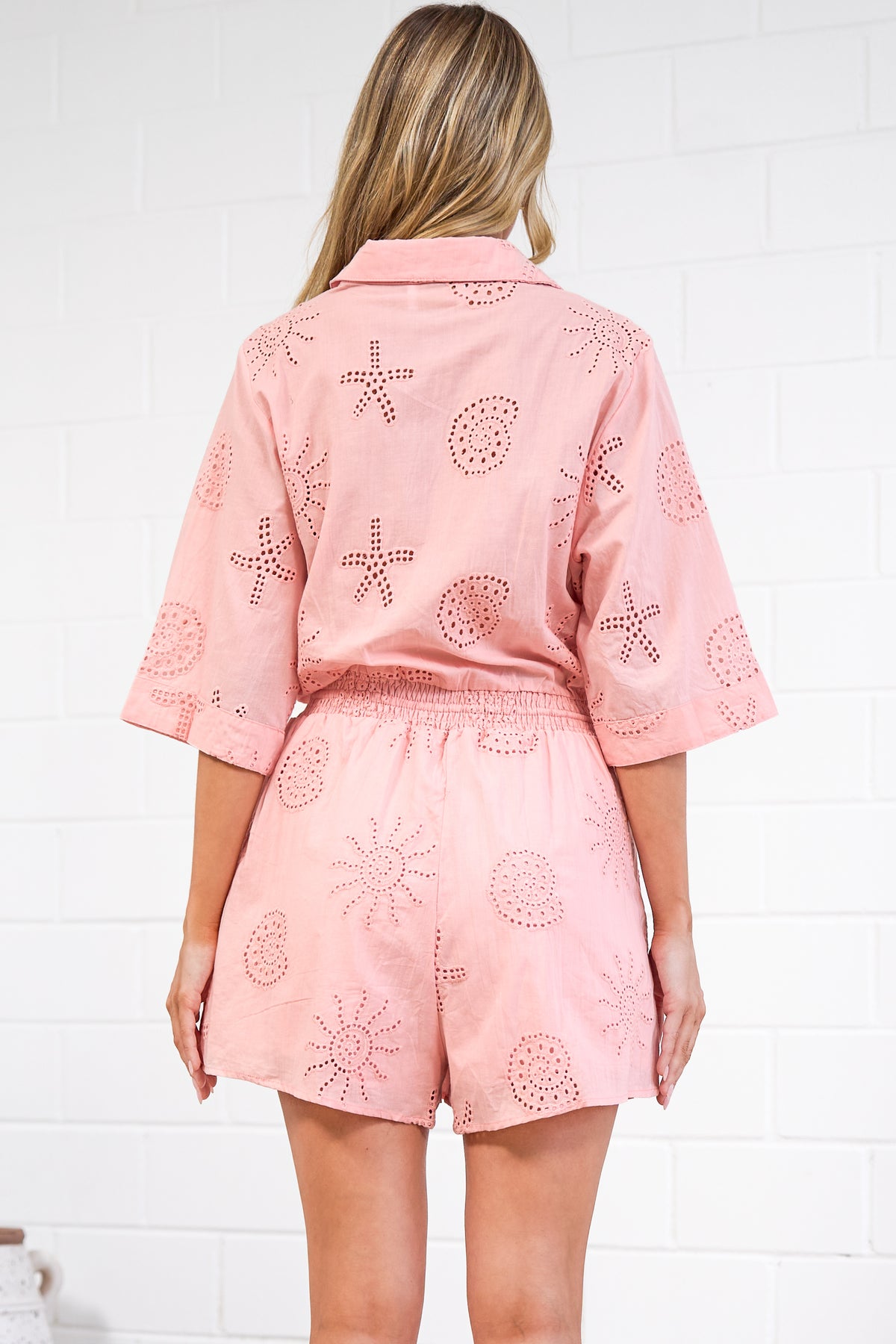 Odair Playsuit - Collared Shirt Playsuit with Pull Tie Waist and Pockets in Ocean Lace Pink