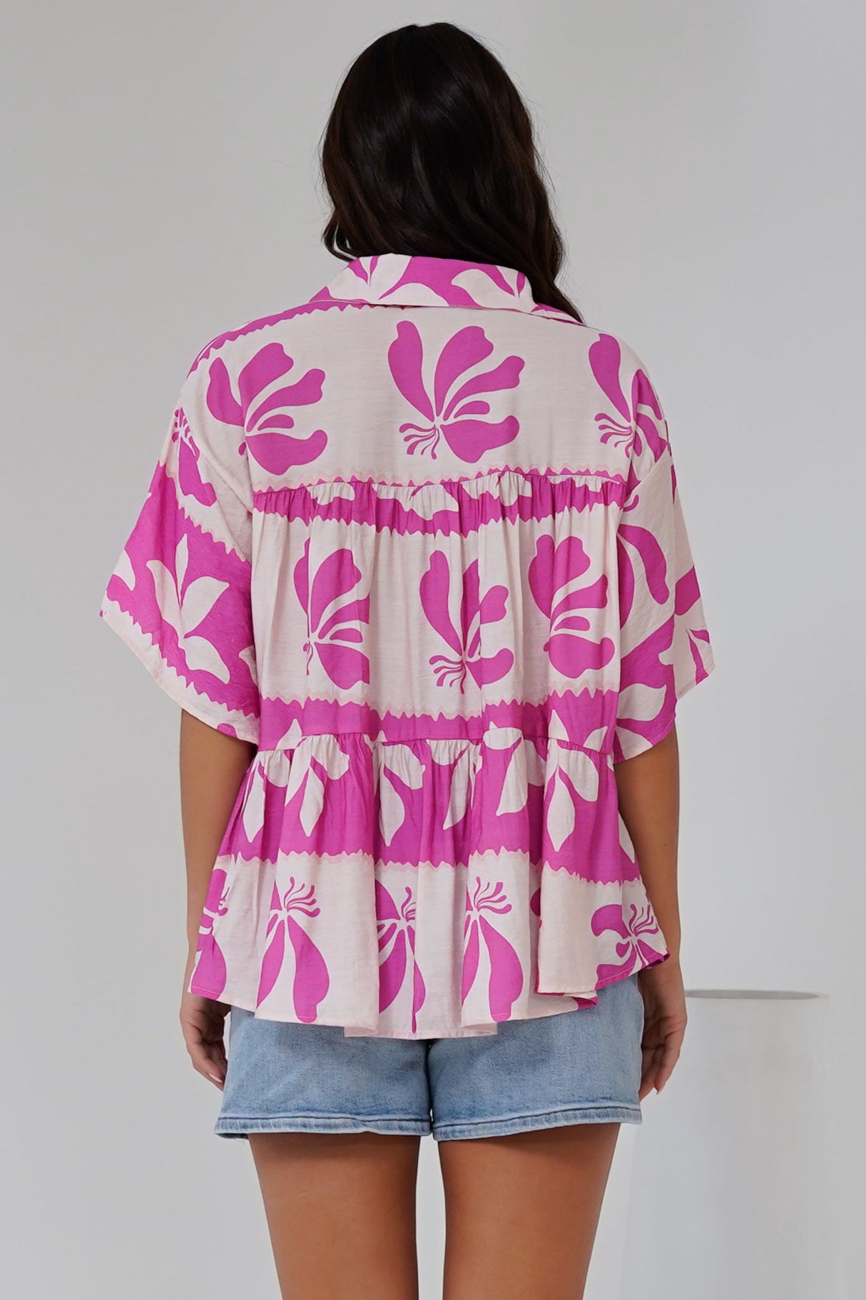 Ode Shirt - Smock Tiered Collared Button Down with Short Sleeves in Maven Print Pink
