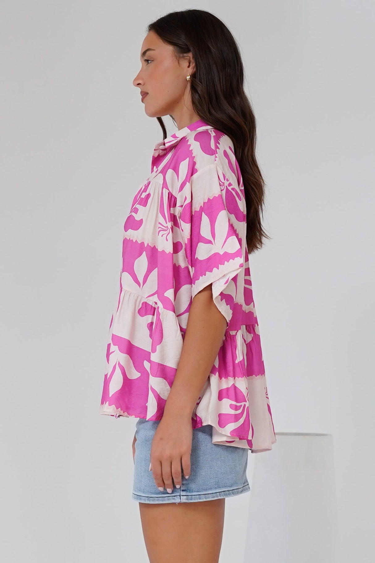 Ode Shirt - Smock Tiered Collared Button Down with Short Sleeves in Maven Print Pink