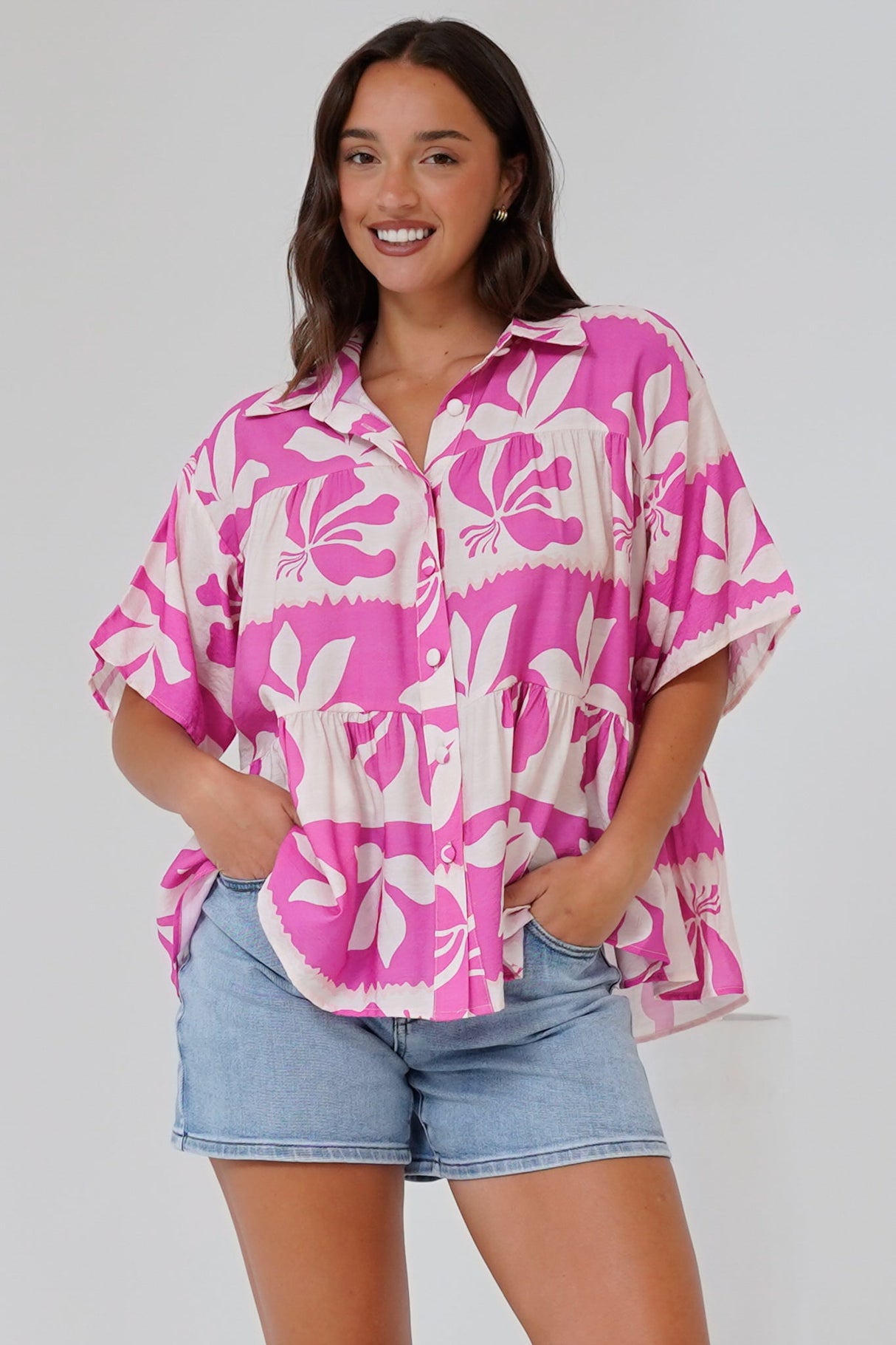 Ode Shirt - Smock Tiered Collared Button Down with Short Sleeves in Maven Print Pink