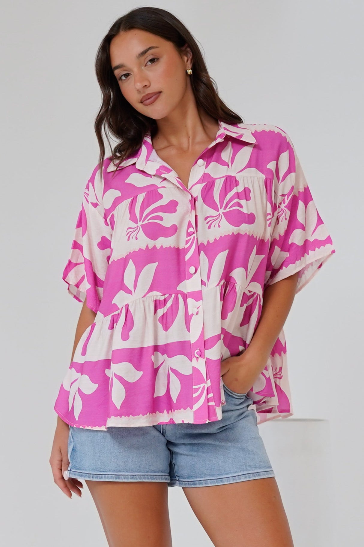 Ode Shirt - Smock Tiered Collared Button Down with Short Sleeves in Maven Print Pink