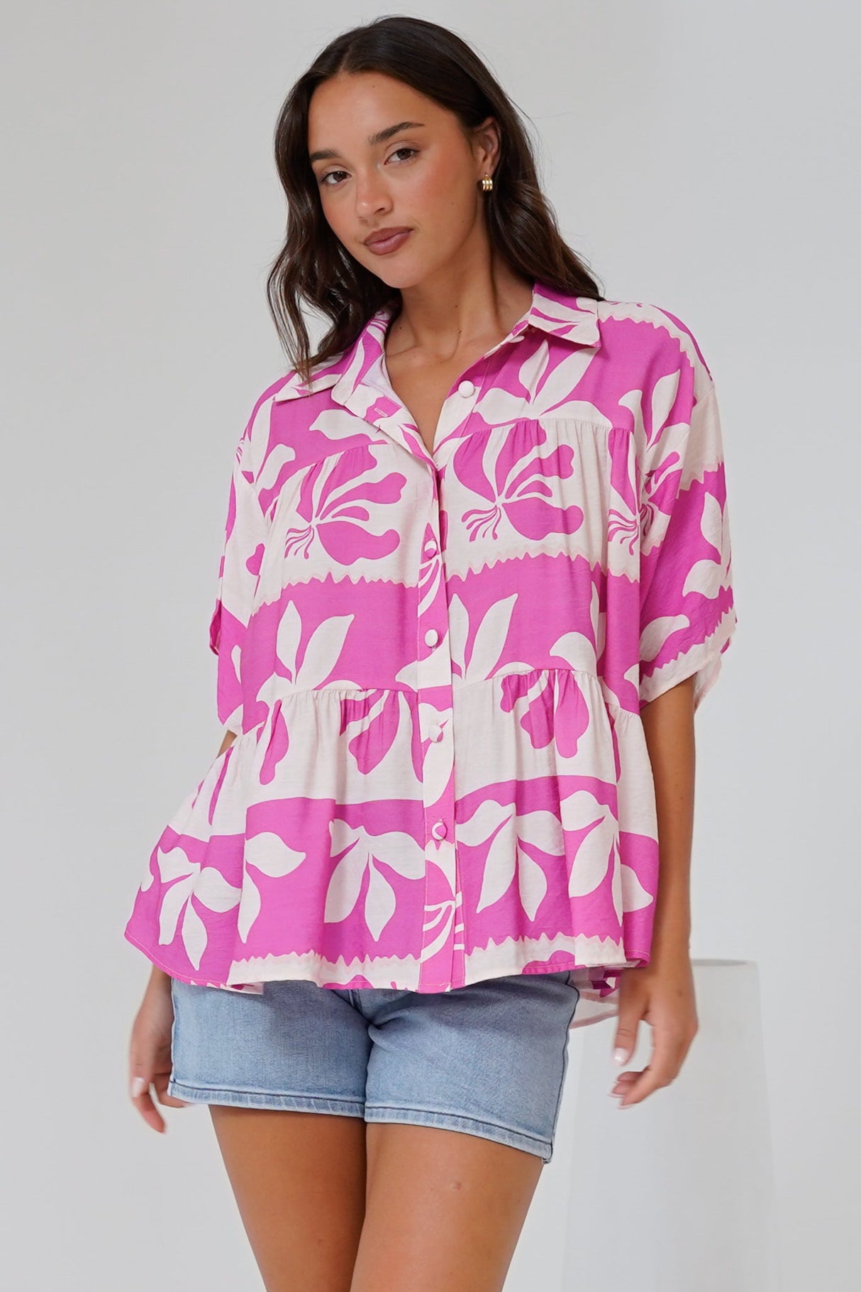 Ode Shirt - Smock Tiered Collared Button Down with Short Sleeves in Maven Print Pink