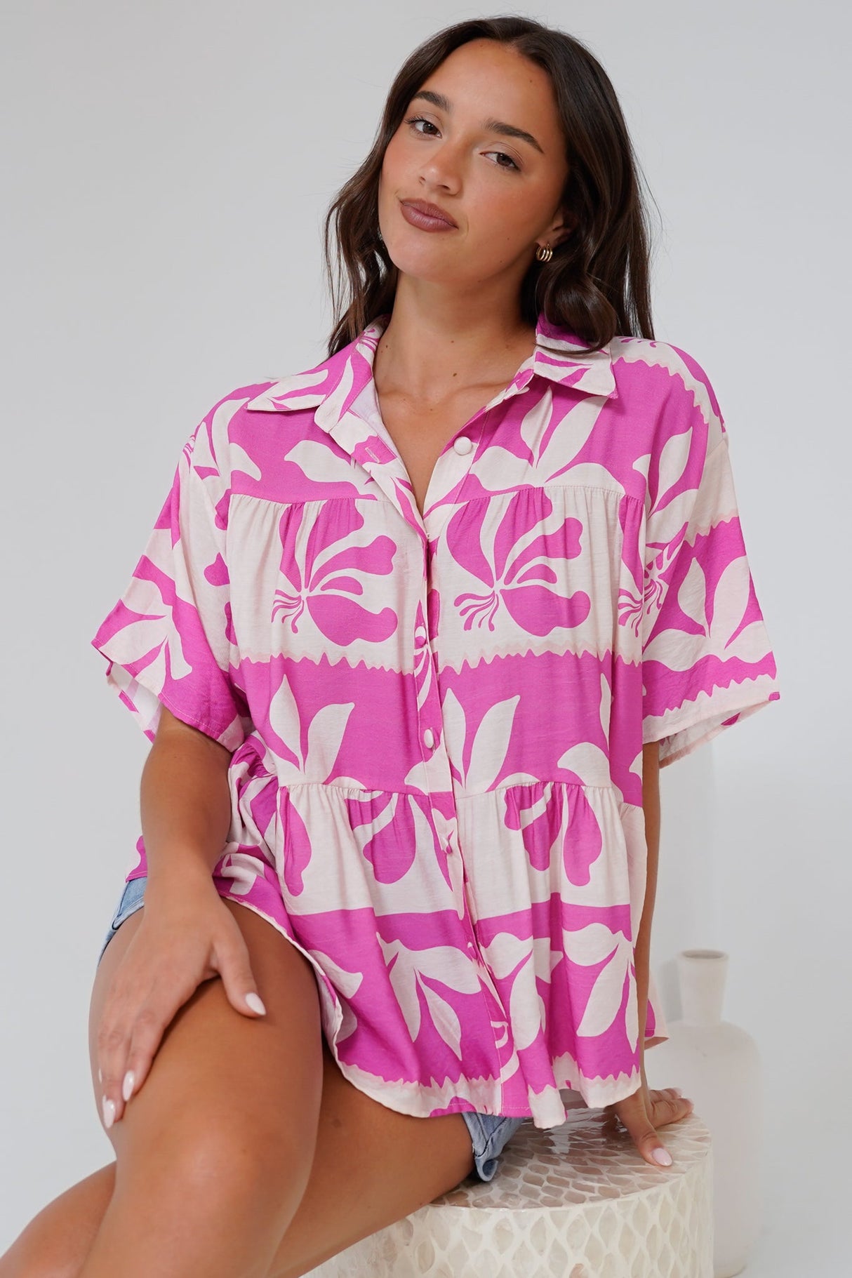 Ode Shirt - Smock Tiered Collared Button Down with Short Sleeves in Maven Print Pink