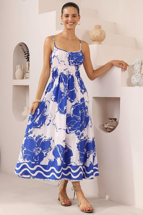 Odelia Midi Dress - Gathered and Defined Bodice Sun Dress in Katiya Print