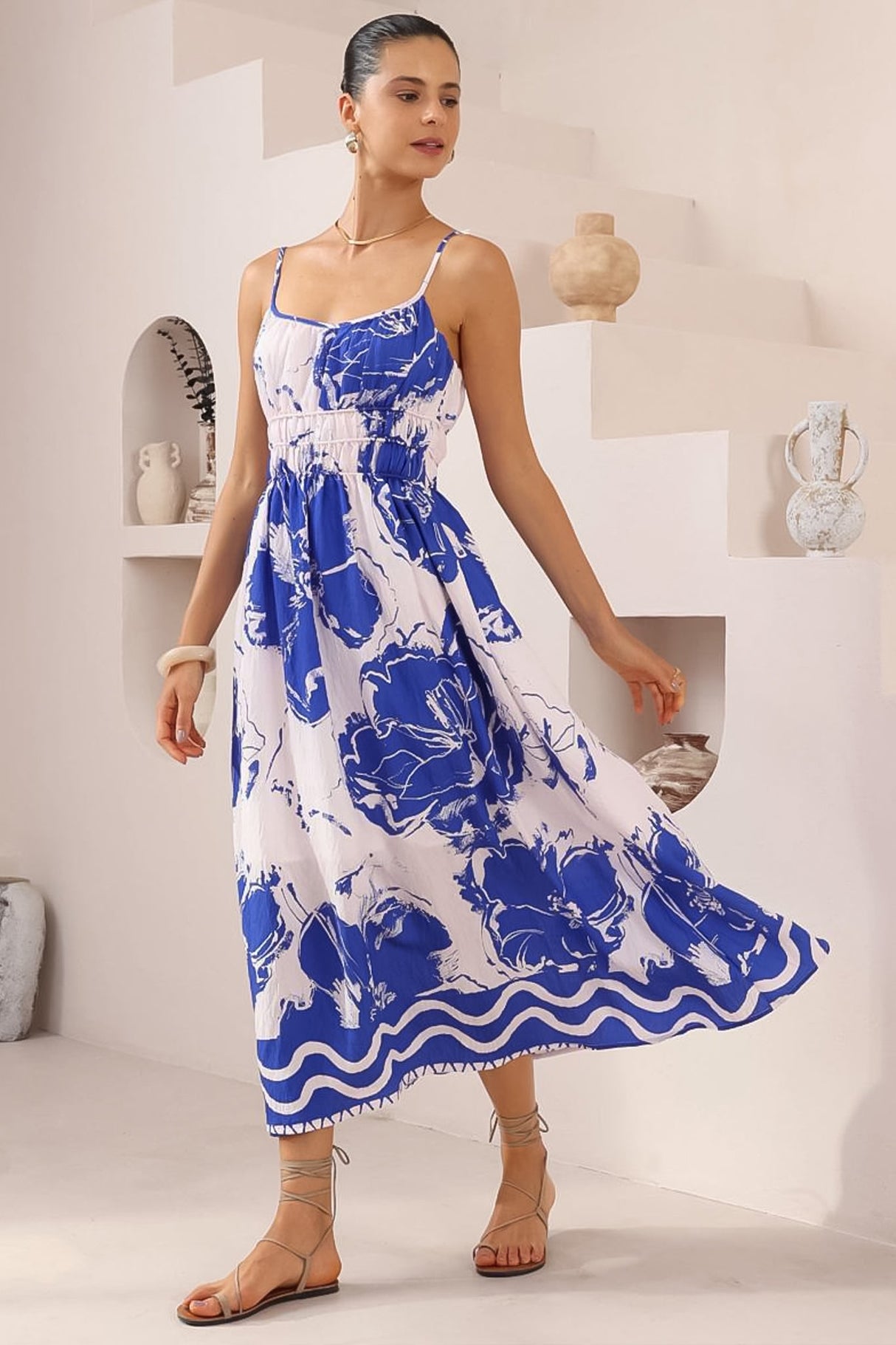 Odelia Midi Dress - Gathered and Defined Bodice Sun Dress in Katiya Print