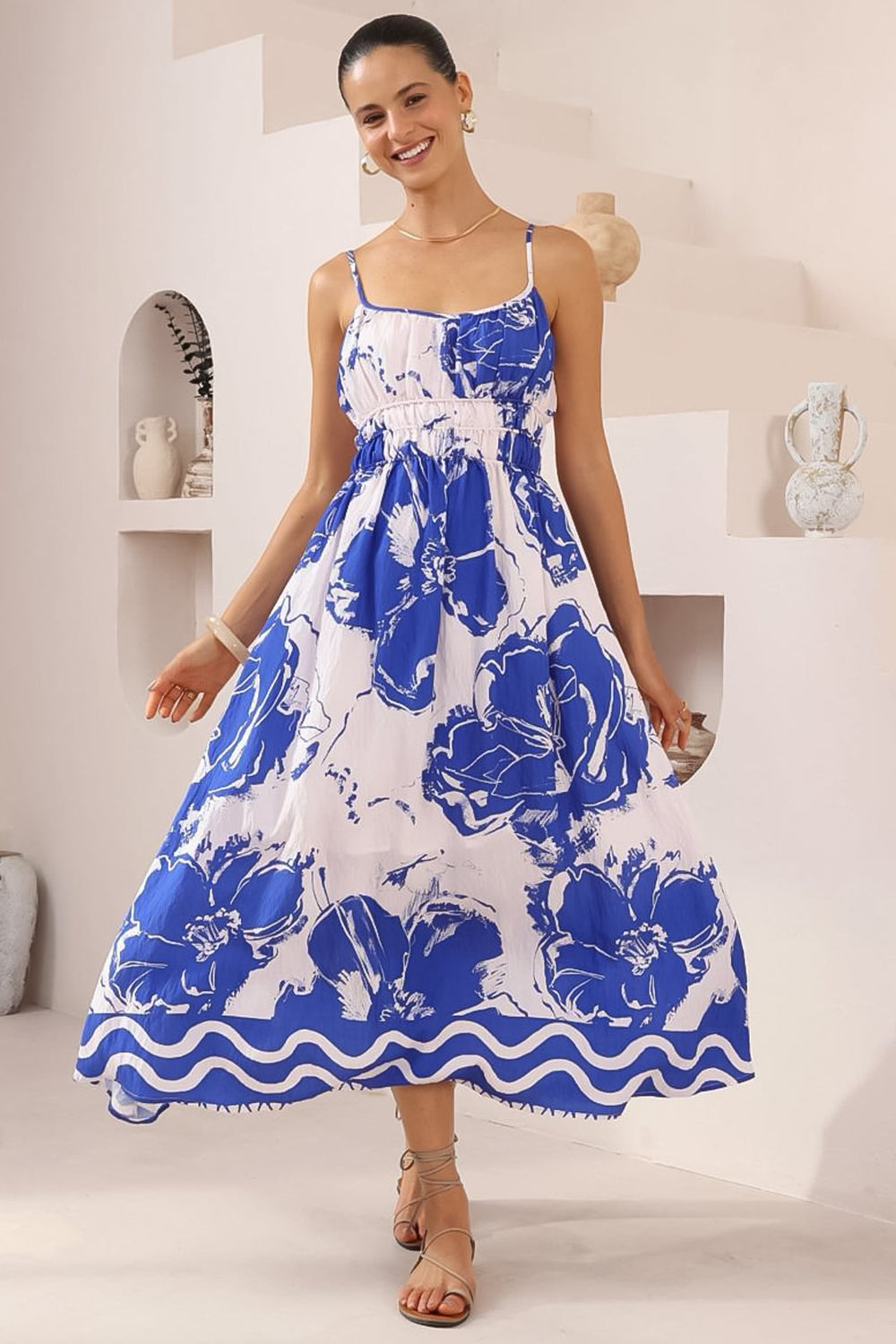 Odelia Midi Dress - Gathered and Defined Bodice Sun Dress in Katiya Print