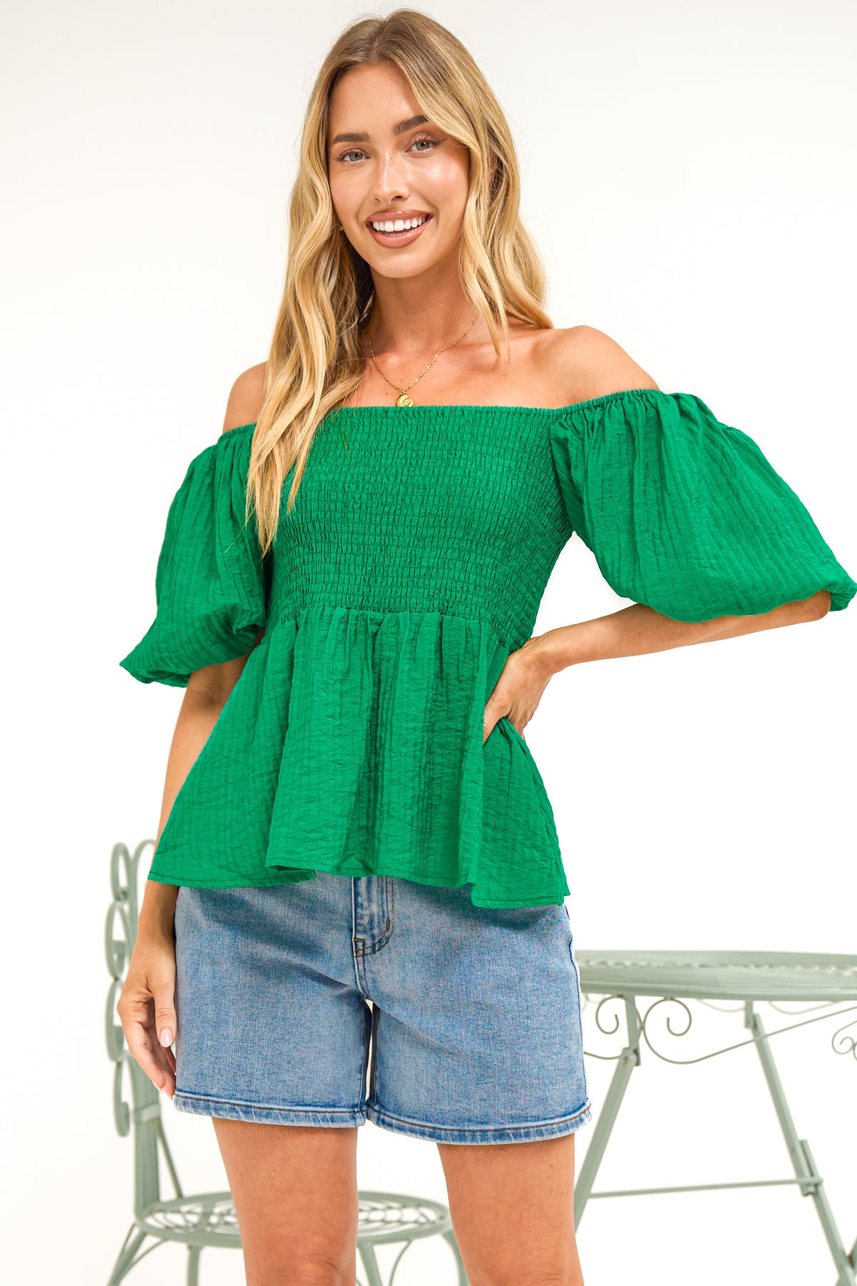 Oleander Top - On or Off Shoulder Puff Sleeve Peplum Top in Green