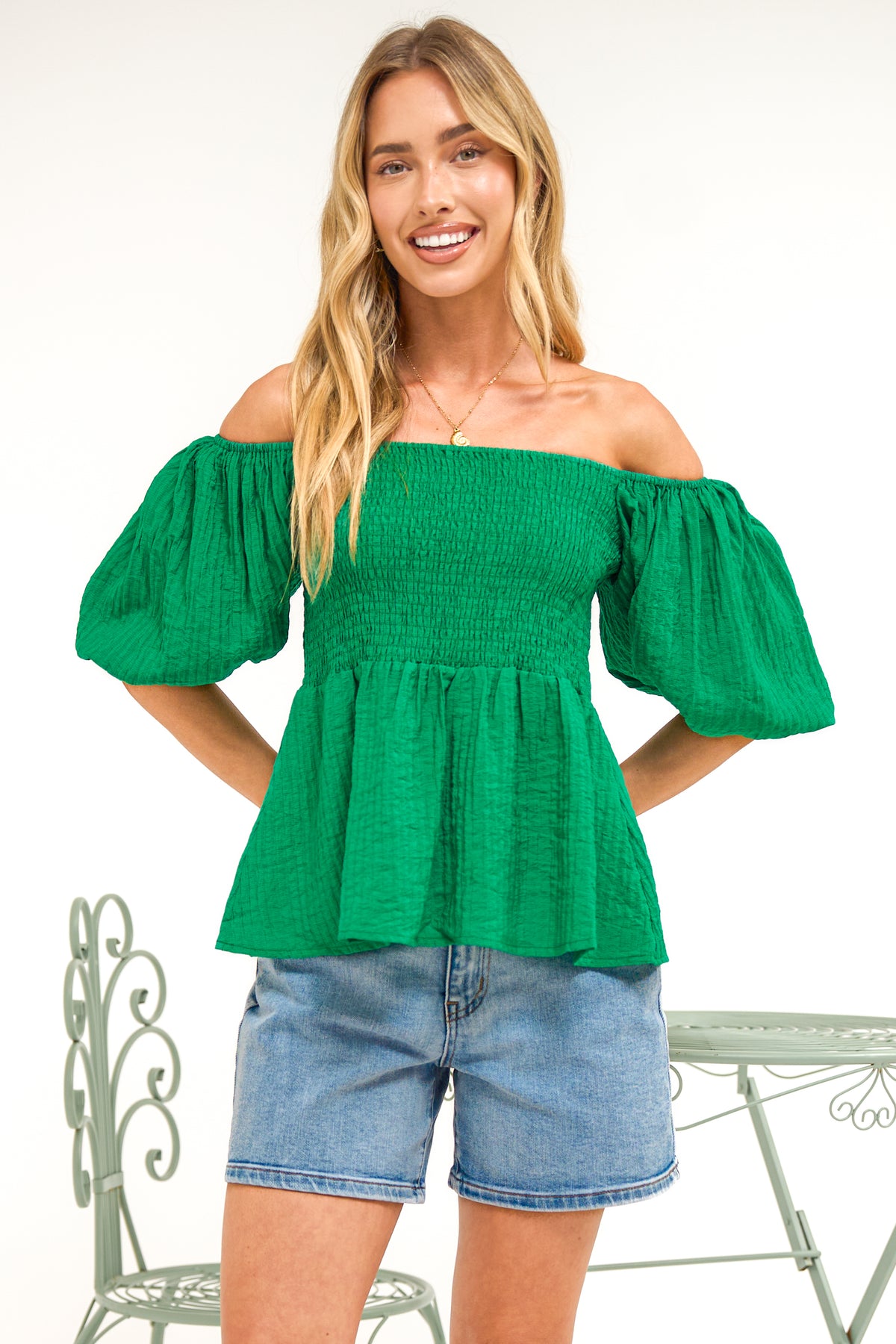 Oleander Top - On or Off Shoulder Puff Sleeve Peplum Top in Green