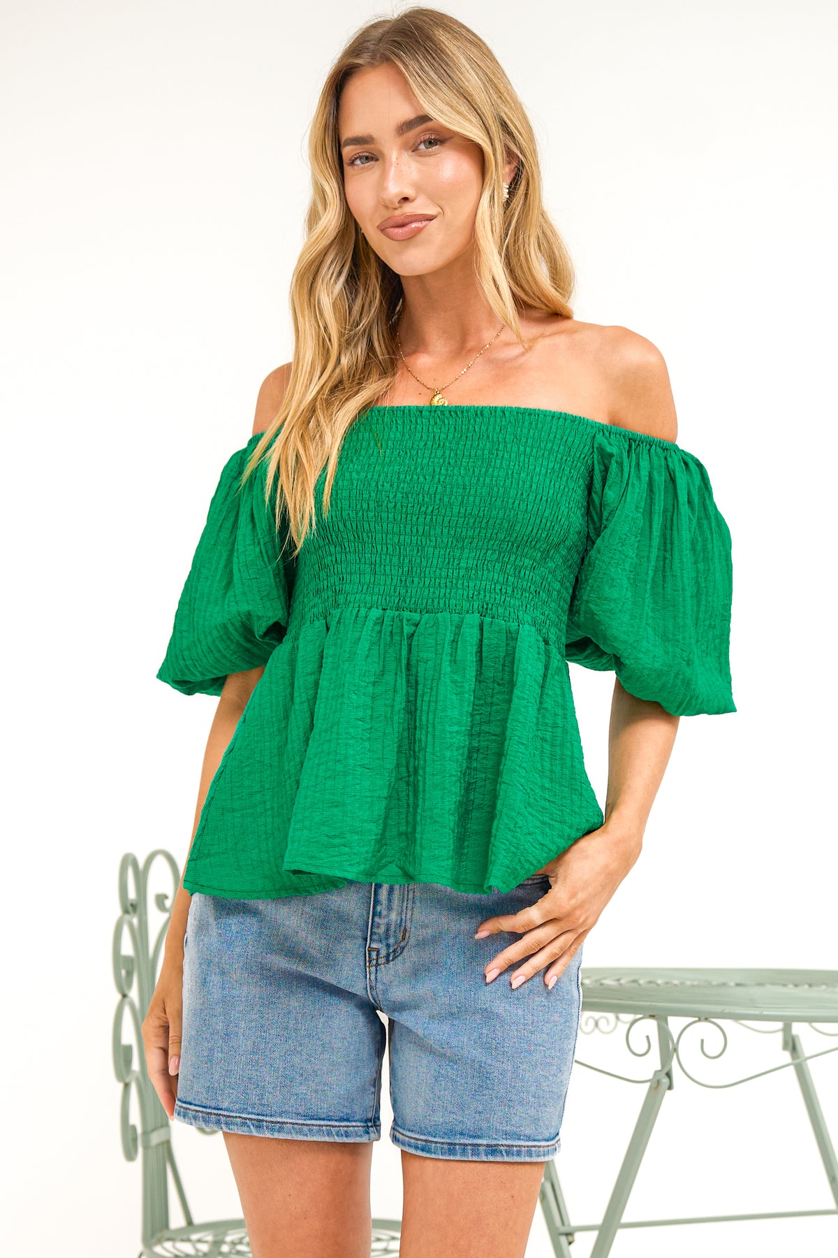Oleander Top - On or Off Shoulder Puff Sleeve Peplum Top in Green