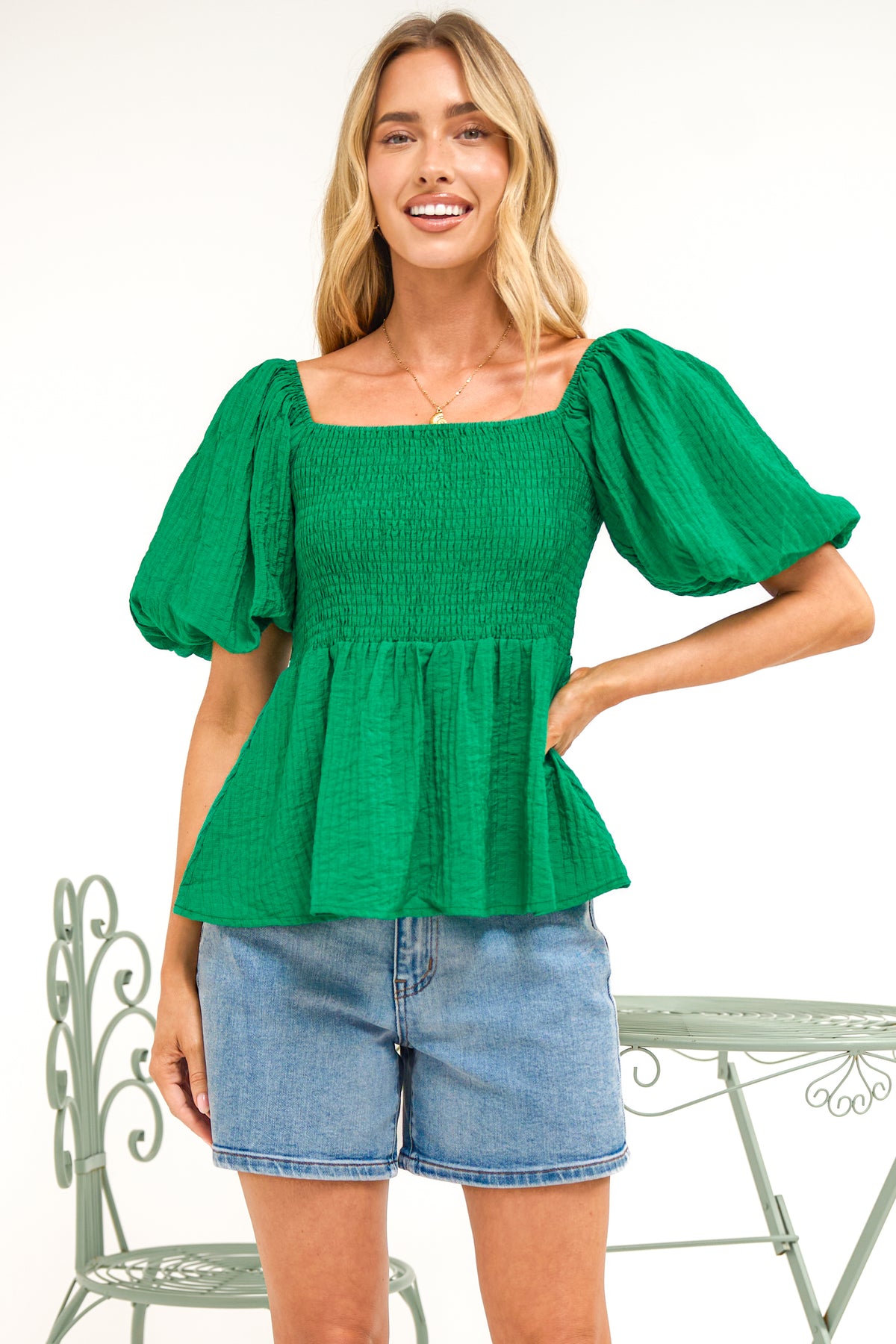 Oleander Top - On or Off Shoulder Puff Sleeve Peplum Top in Green