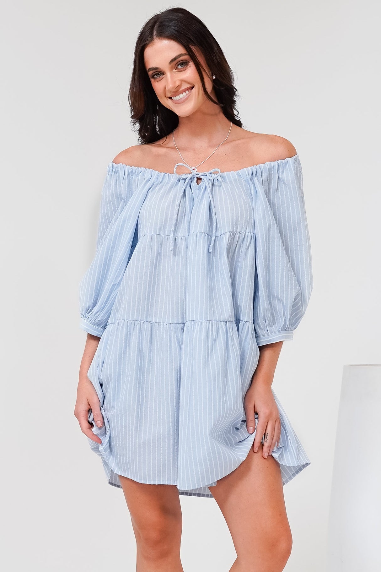 Oliander Mini Dress - On or Off Shoulder Tiered Dress with Pockets in Figaro Stripe Blue