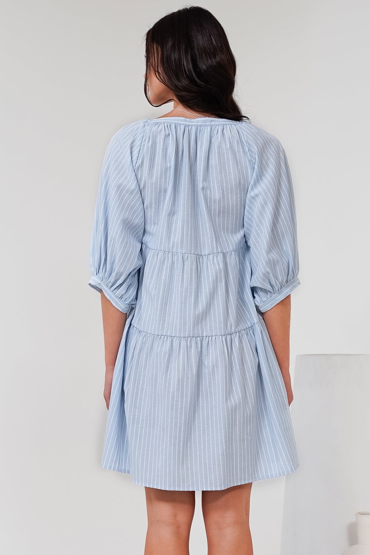 Oliander Mini Dress - On or Off Shoulder Tiered Dress with Pockets in Figaro Stripe Blue