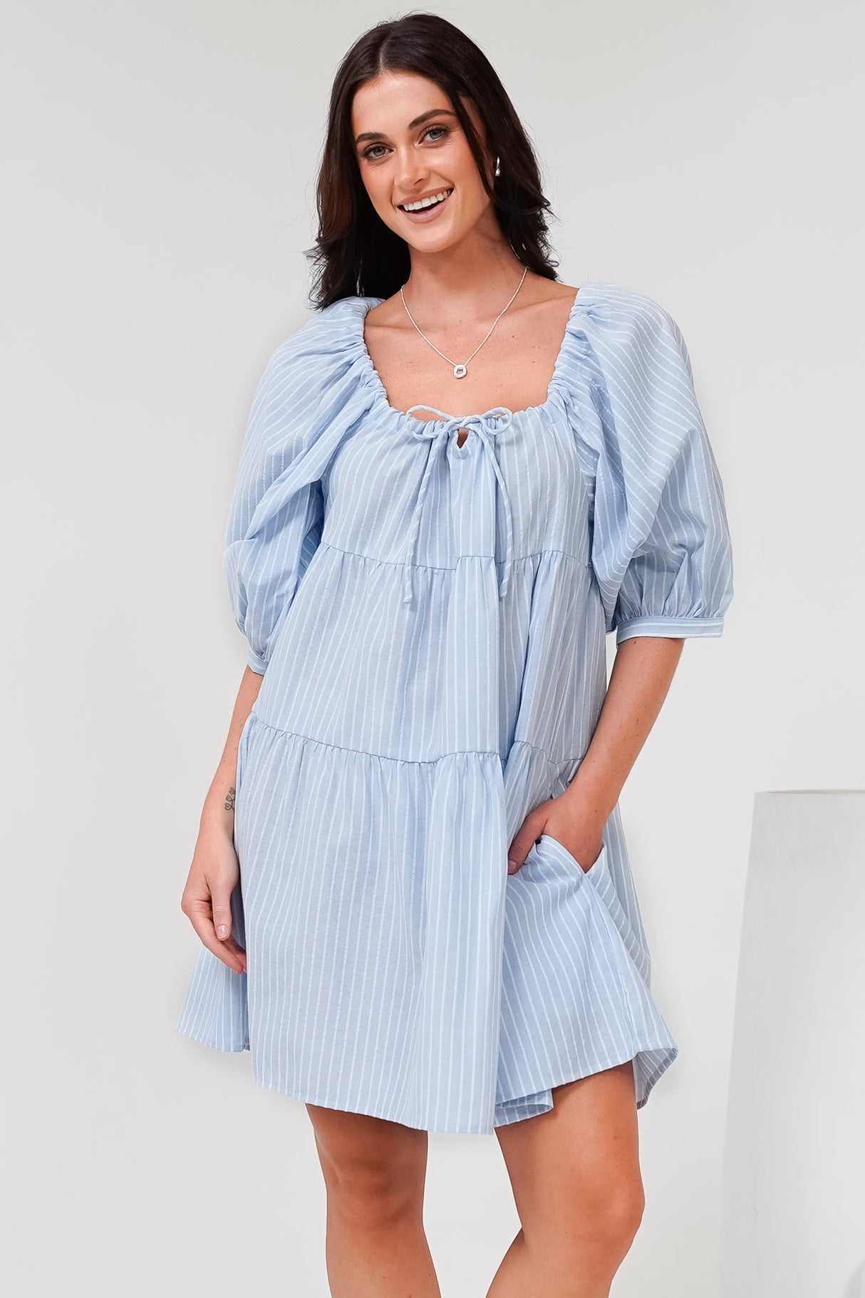 Oliander Mini Dress - On or Off Shoulder Tiered Dress with Pockets in Figaro Stripe Blue