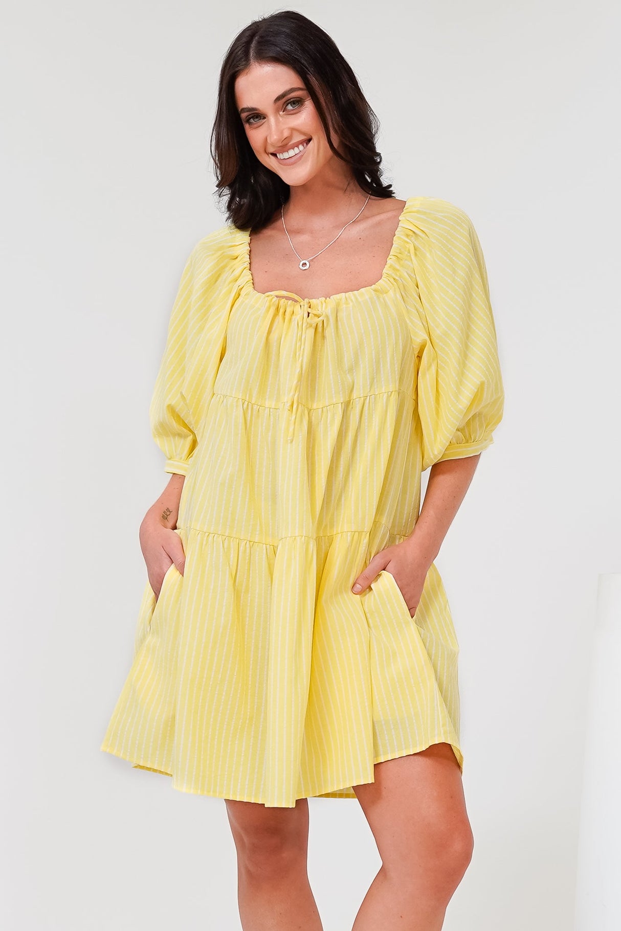 Oliander Mini Dress - On or Off Shoulder Tiered Dress with Pockets in Figaro Stripe Lemon