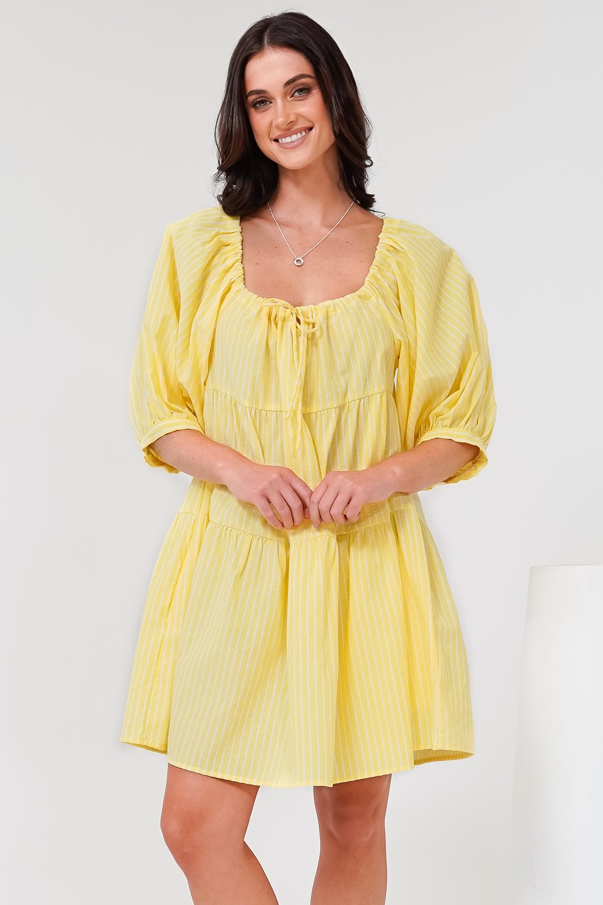Oliander Mini Dress - On or Off Shoulder Tiered Dress with Pockets in Figaro Stripe Lemon