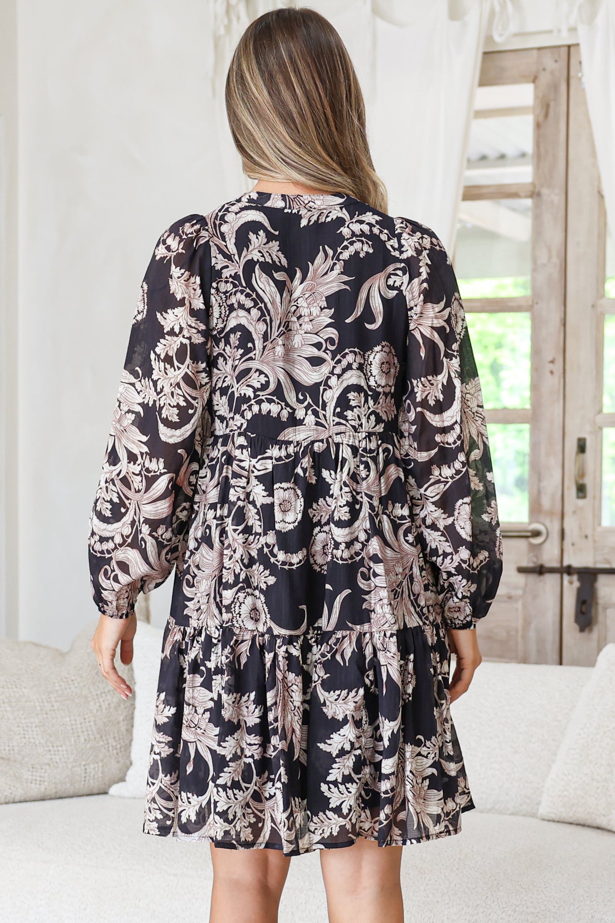 Olivia Mini Dress - Mandarin Collar Tiered Smock Dress with Long Sleeves in Pim Print Black