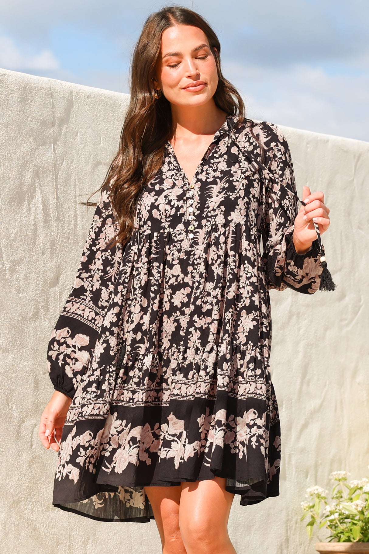 Olivia Mini Dress - Mandarin Collar Tiered Smock Dress with Long Sleeves in Villa Print