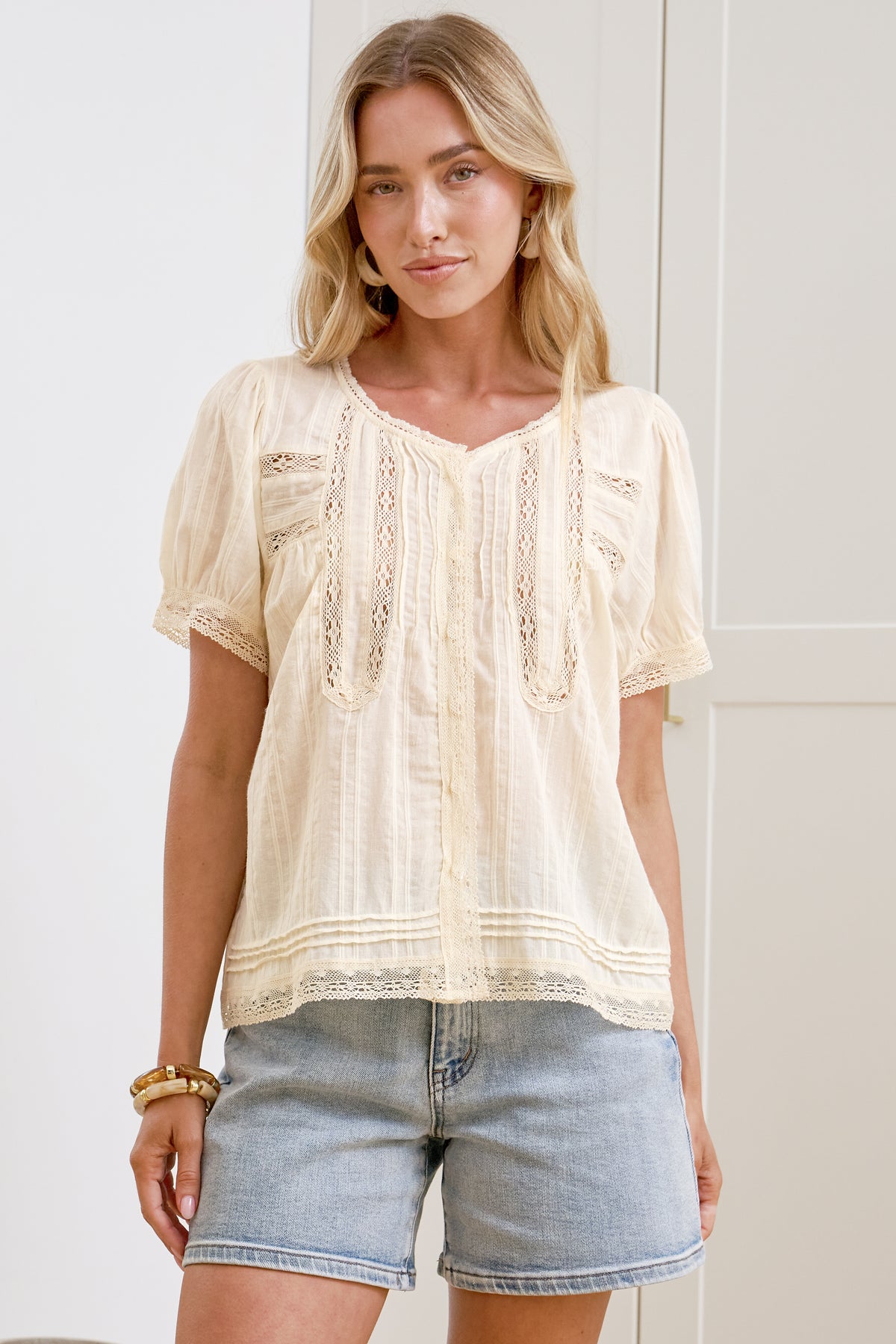 Olivine Top - V Neck Button Down with Short Sleeves and Lace Trims in Cream