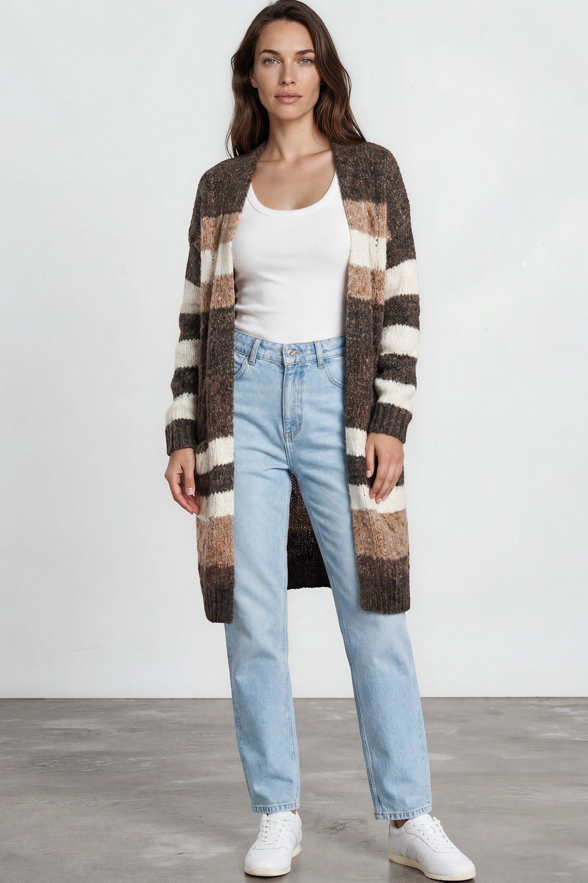 Ollie Cardigan - Open Front Stripe Knit with Pockets in Coffee