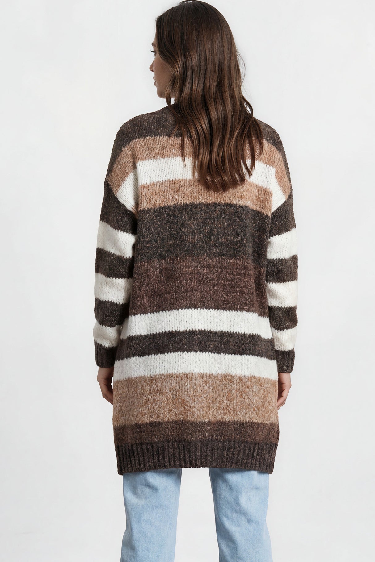 Ollie Cardigan - Open Front Stripe Knit with Pockets in Coffee