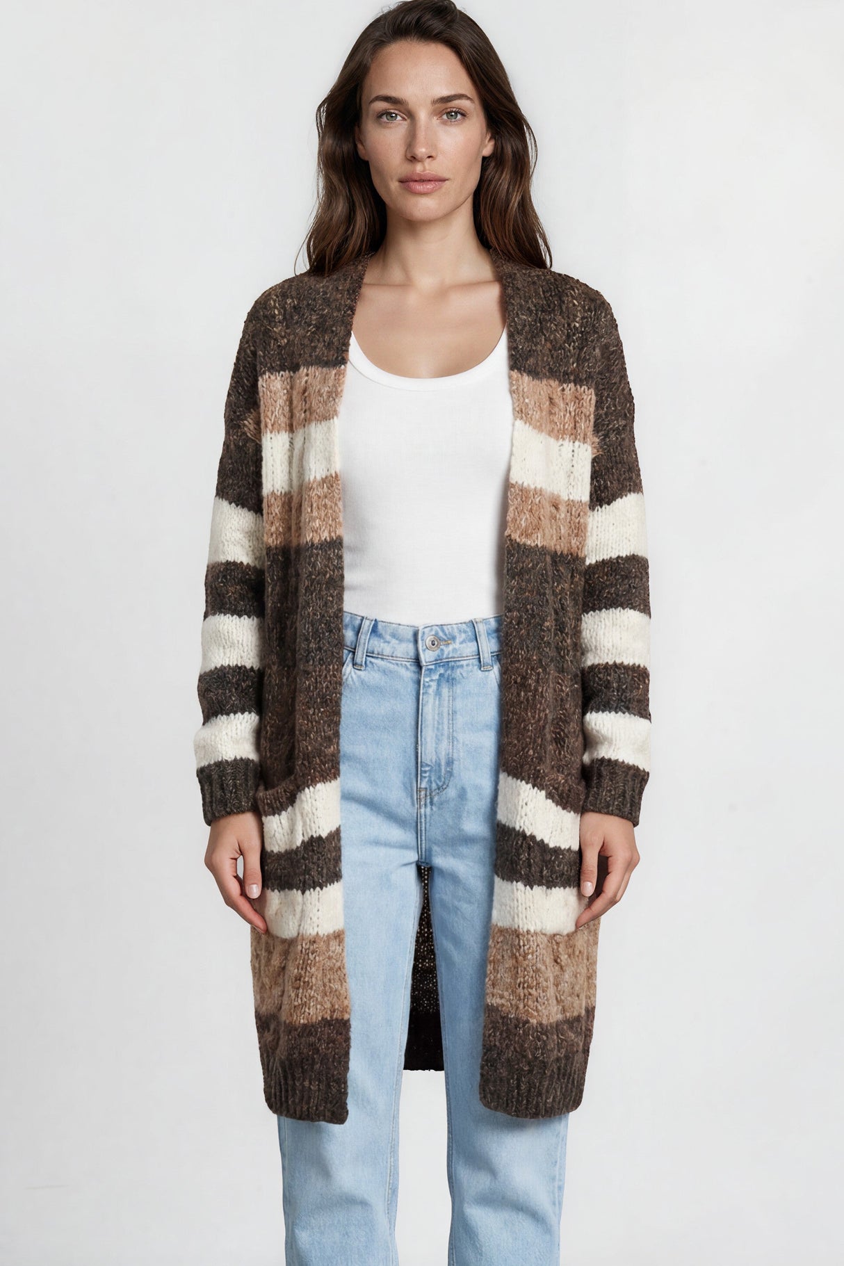 Ollie Cardigan - Open Front Stripe Knit with Pockets in Coffee
