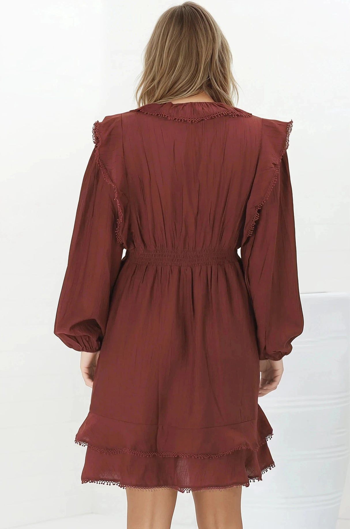 Ophilia Mini Dress - Frill Detailed A-Line Dress with Balloon Sleeves in Wine
