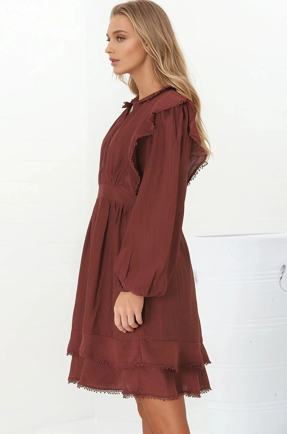 Ophilia Mini Dress - Frill Detailed A-Line Dress with Balloon Sleeves in Wine