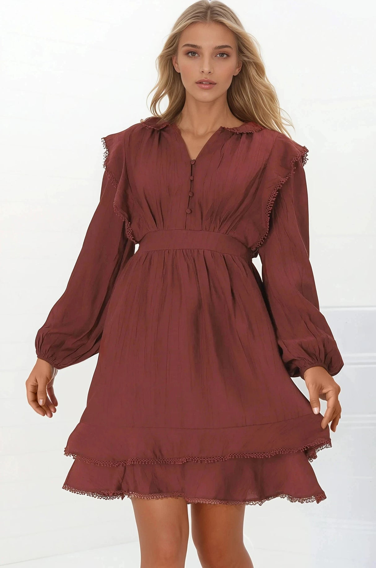 Ophilia Mini Dress - Frill Detailed A-Line Dress with Balloon Sleeves in Wine
