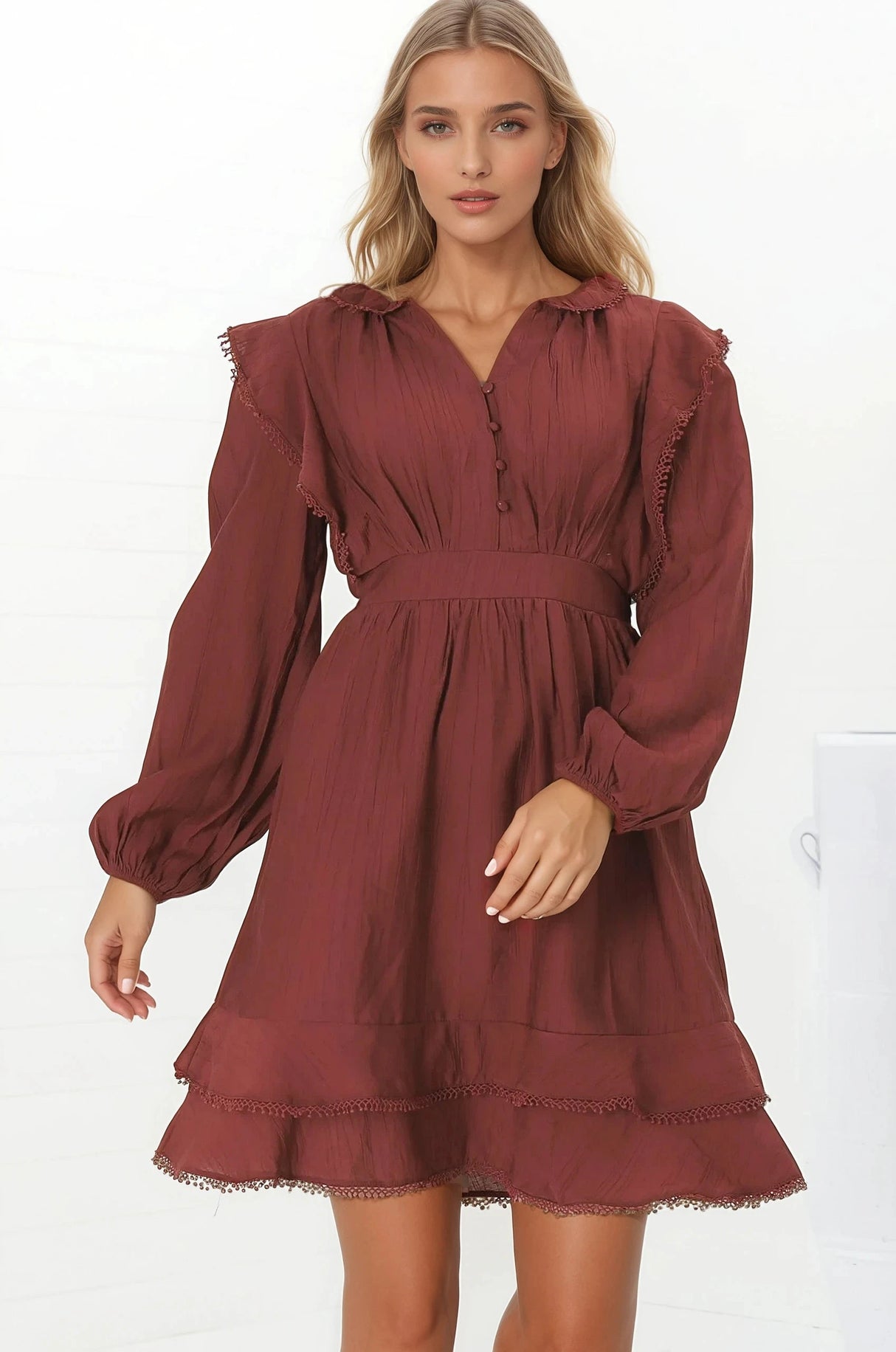Ophilia Mini Dress - Frill Detailed A-Line Dress with Balloon Sleeves in Wine