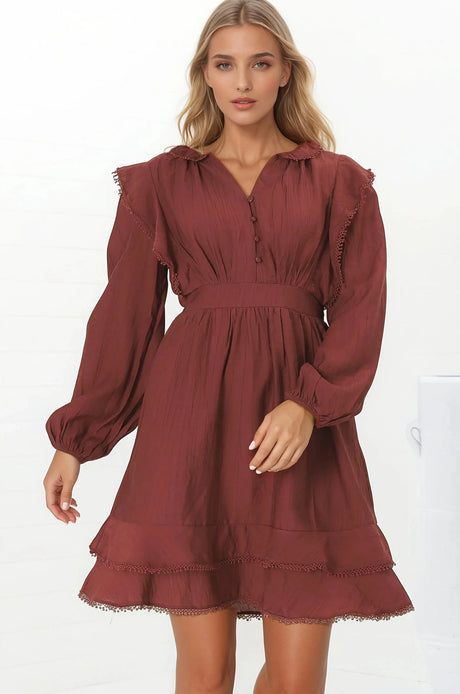 Ophilia Mini Dress - Frill Detailed A-Line Dress with Balloon Sleeves in Wine