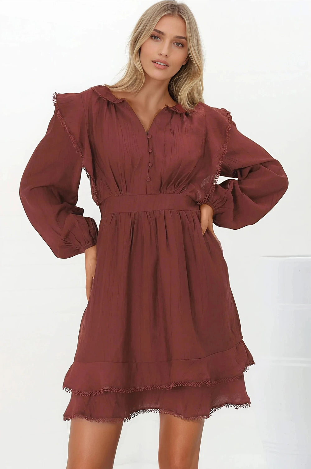 Ophilia Mini Dress - Frill Detailed A-Line Dress with Balloon Sleeves in Wine