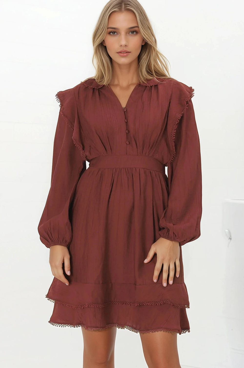Ophilia Mini Dress - Frill Detailed A-Line Dress with Balloon Sleeves in Wine