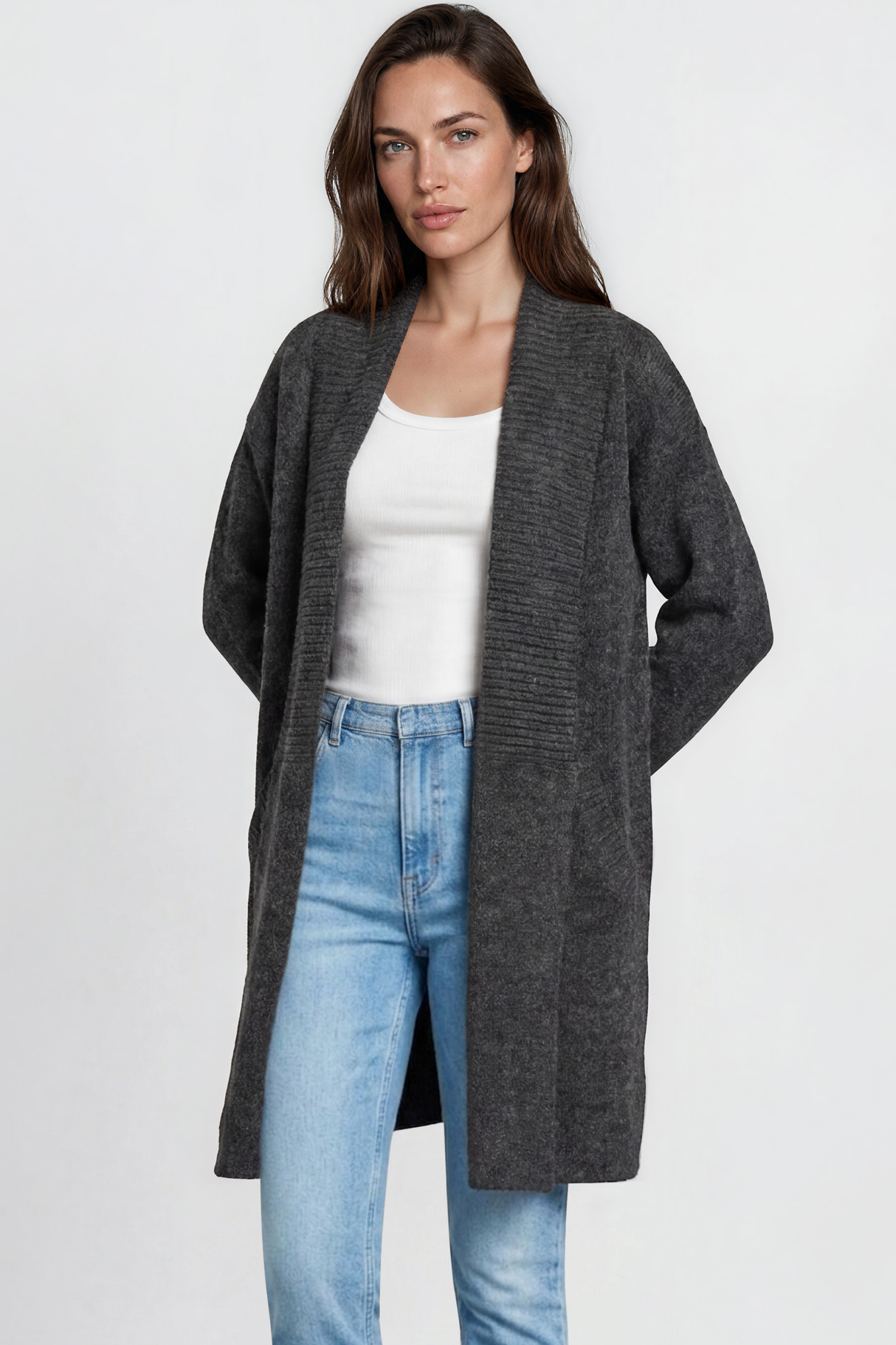 Model wearing Oswin Cardigan in Charcoal from Salty Crush