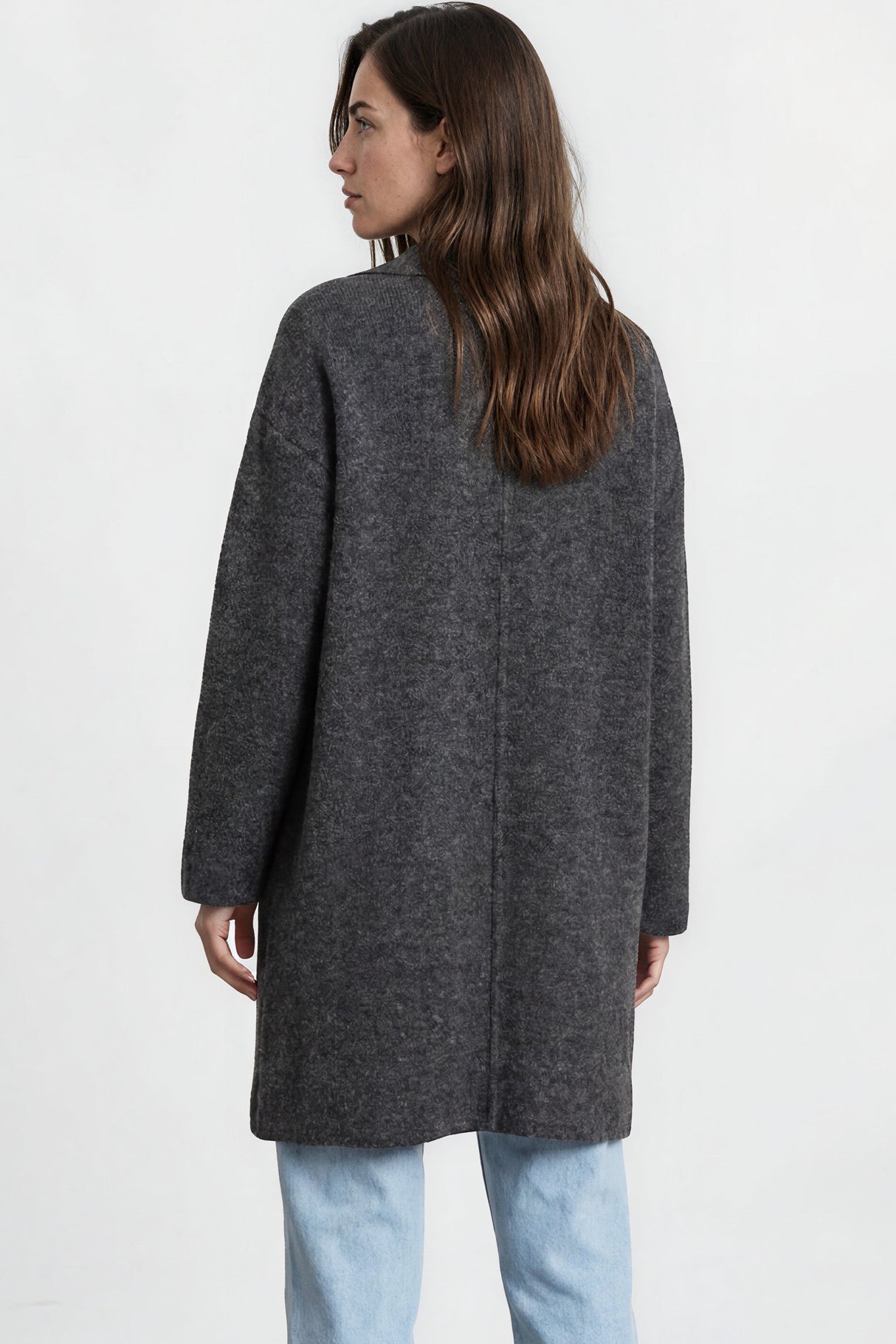 Model wearing Oswin Cardigan in Charcoal from Salty Crush