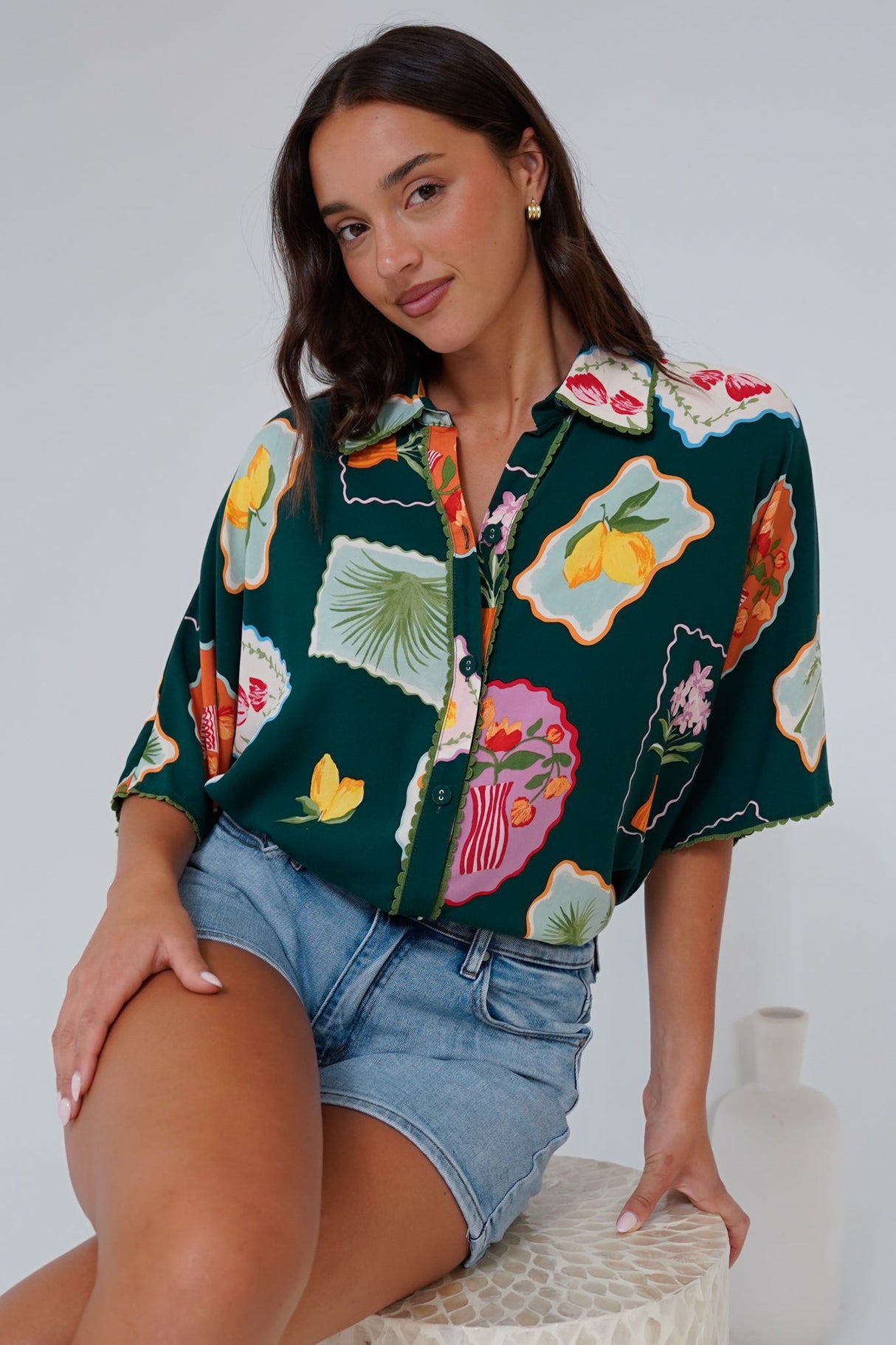 Otis Shirt - Wave Trim Button Down Shirt in Elora Print