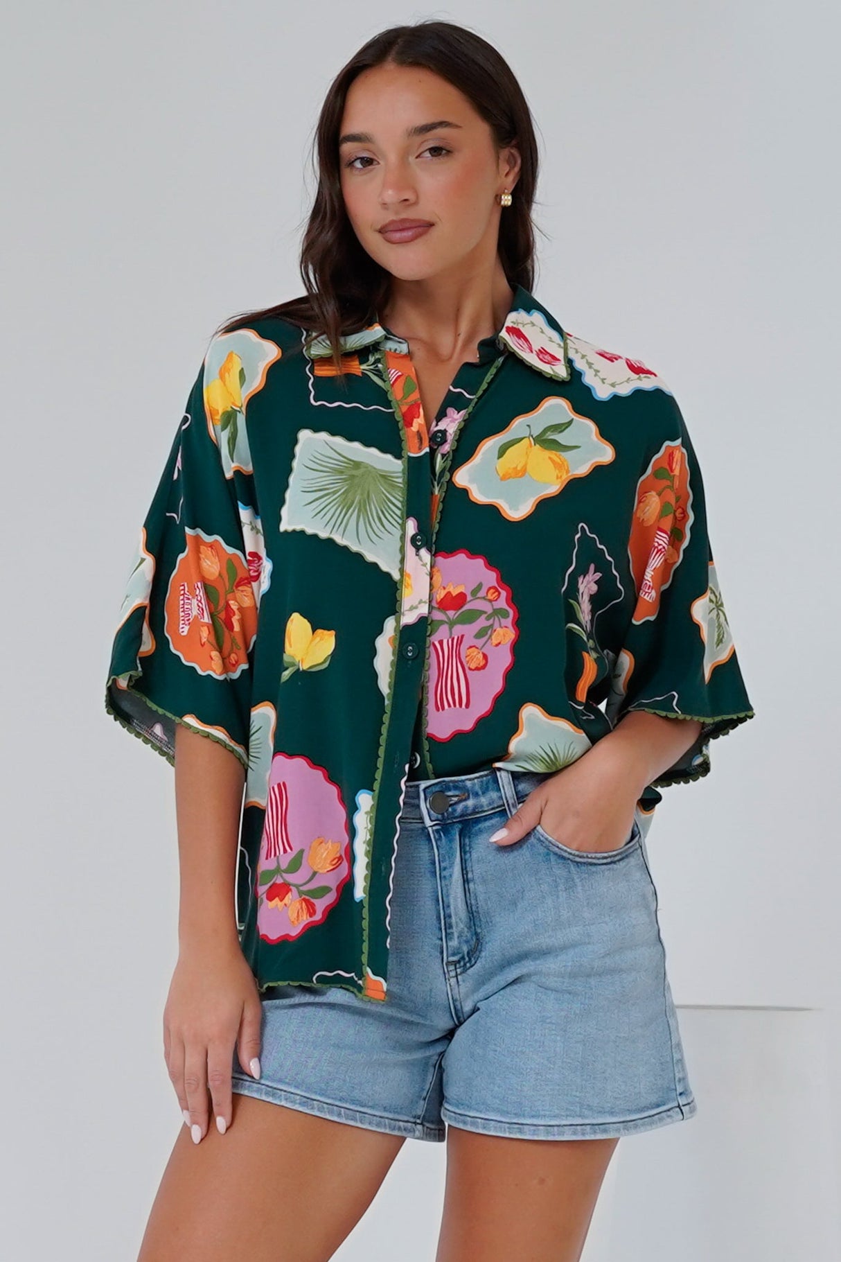 Otis Shirt - Wave Trim Button Down Shirt in Elora Print