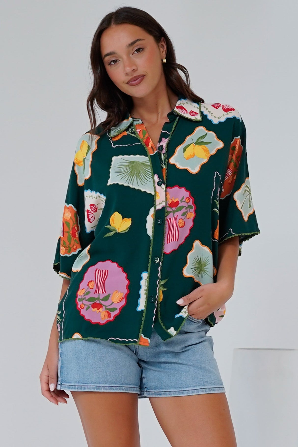 Otis Shirt - Wave Trim Button Down Shirt in Elora Print