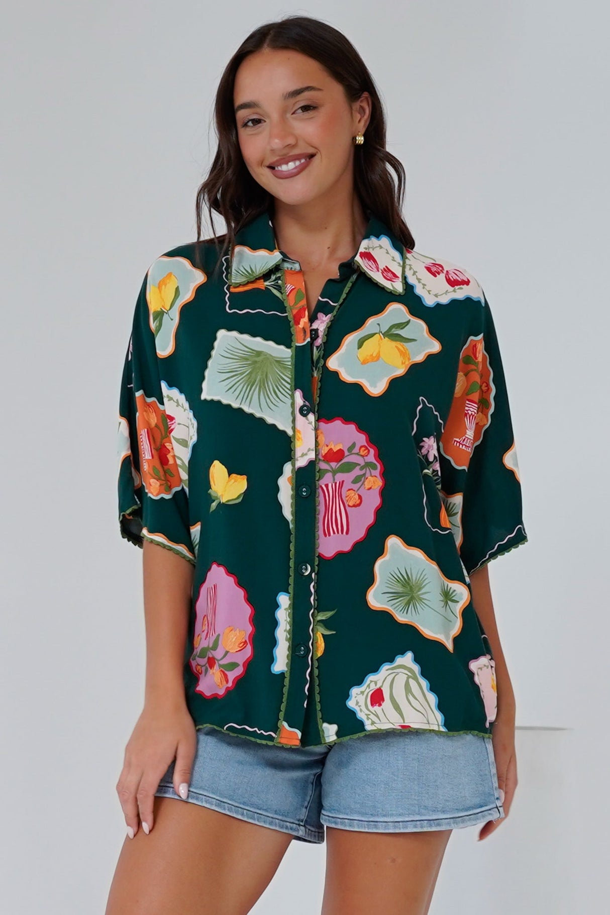 Otis Shirt - Wave Trim Button Down Shirt in Elora Print
