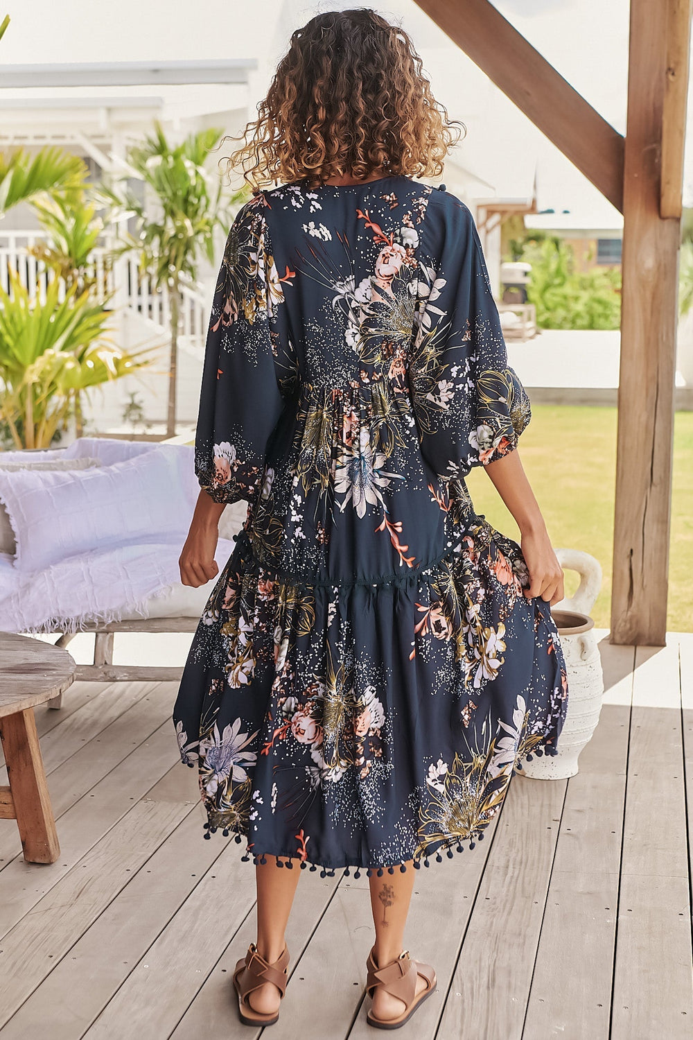 JAASE - Palace Midi Dress: Pom Pom Spliced Batwing Sleeve Dress with Neck Tie in Indigo Print
