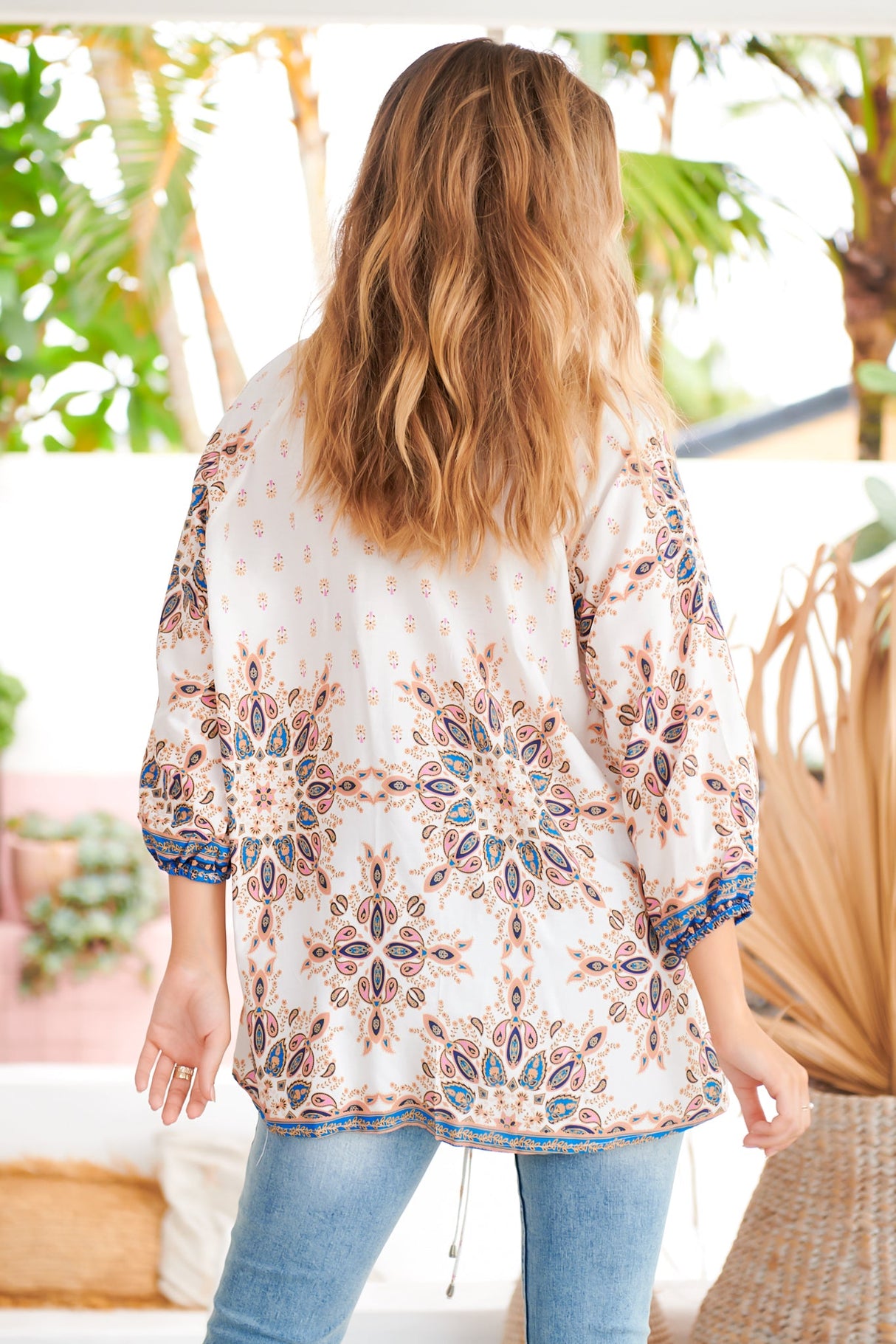 Palas Top - V Neck Slouch Blouse with Criss Cross Bust Tie In Gemstone Print