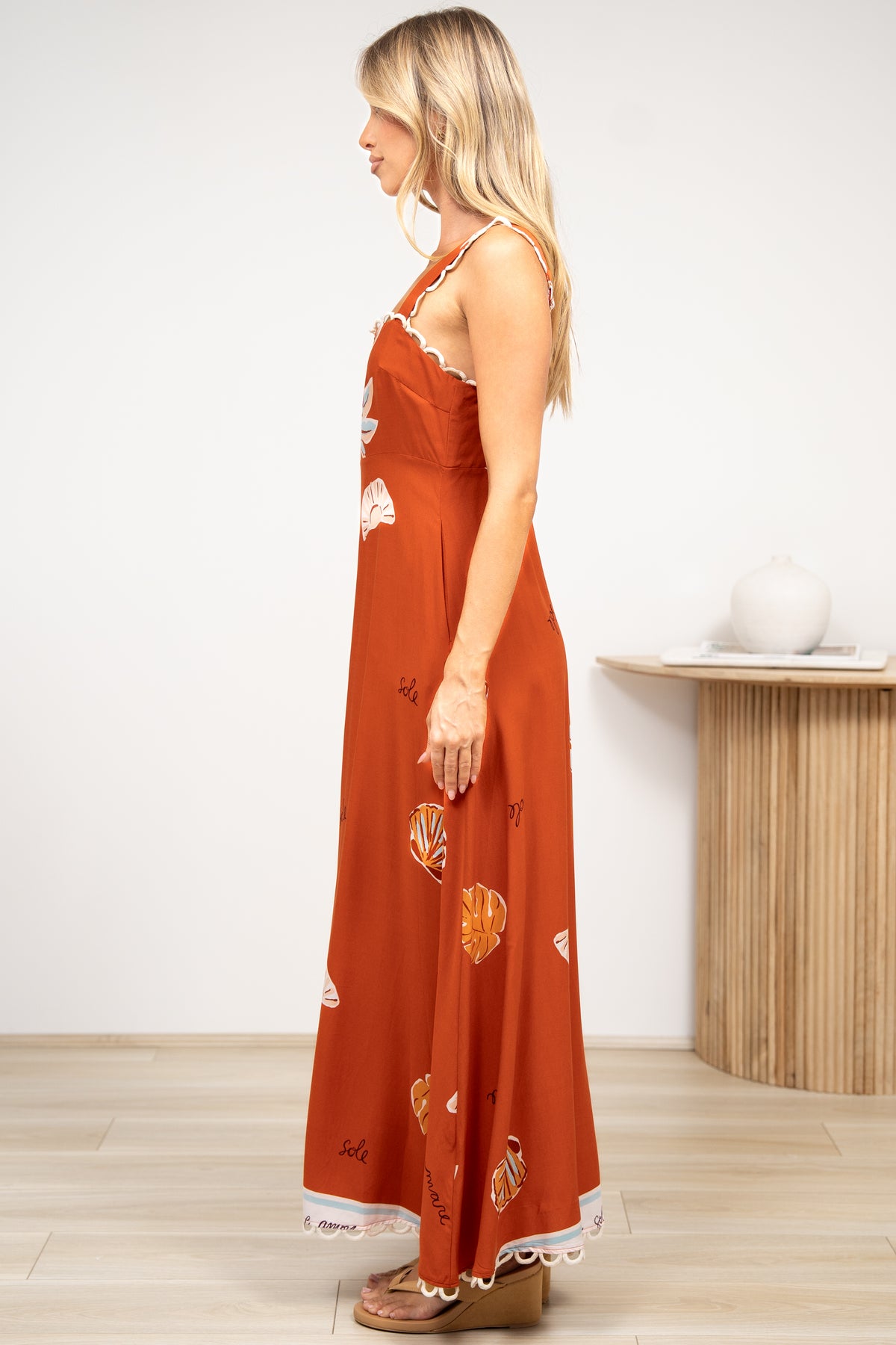 Palma Maxi Dress - Scallop Trim A-Line Dress with Pockets in Malaya Print