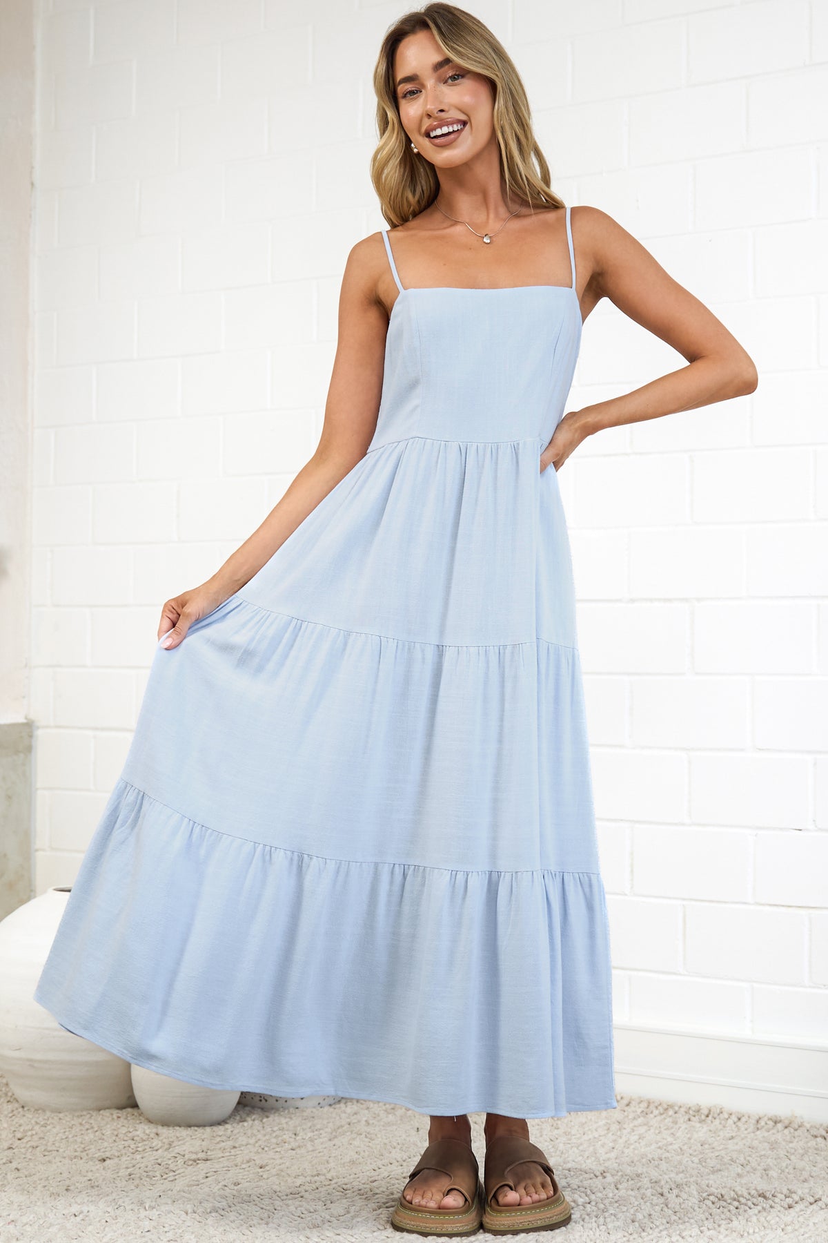Palmer Midi Dress - Tiered Sun Dress with Pockets in Blue