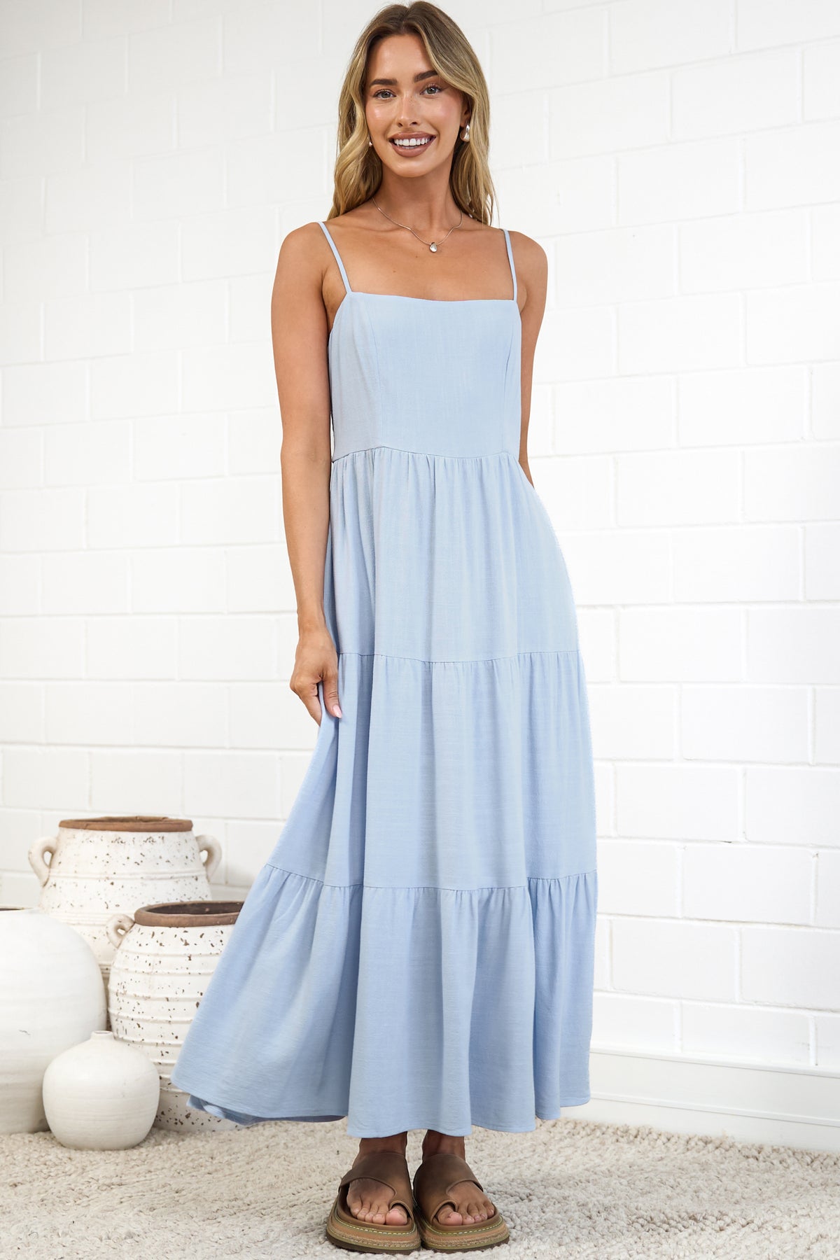 Palmer Midi Dress - Tiered Sun Dress with Pockets in Blue